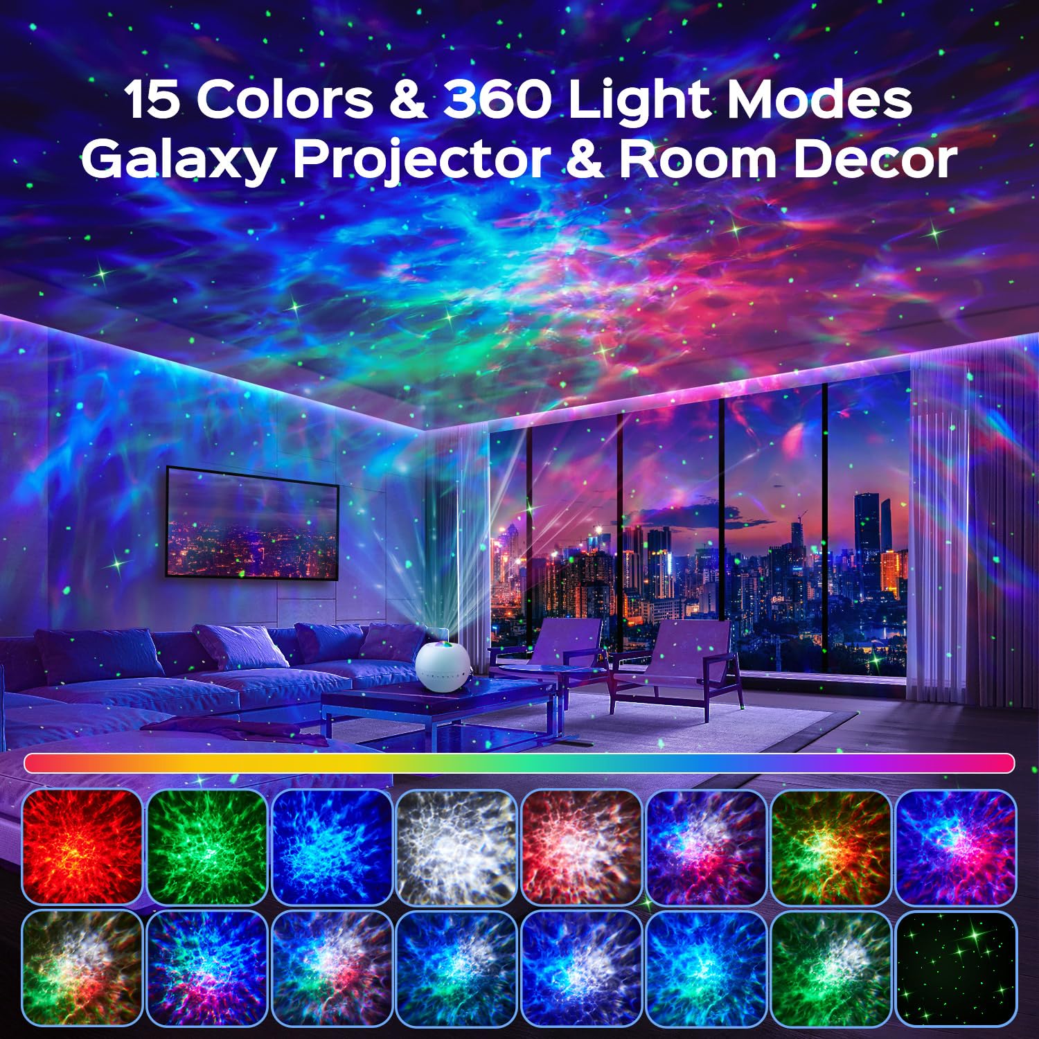 One Fire Proiettore Stelle Soffitto, 15 Colori 360 Luci Luce Notturna Proiettore Bambini, 15 Rumore Bianco + 5.3 HiFi Bluetooth Proiettore Soffitto Lampada Camera da Letto, Lampada LED Idee Regalo