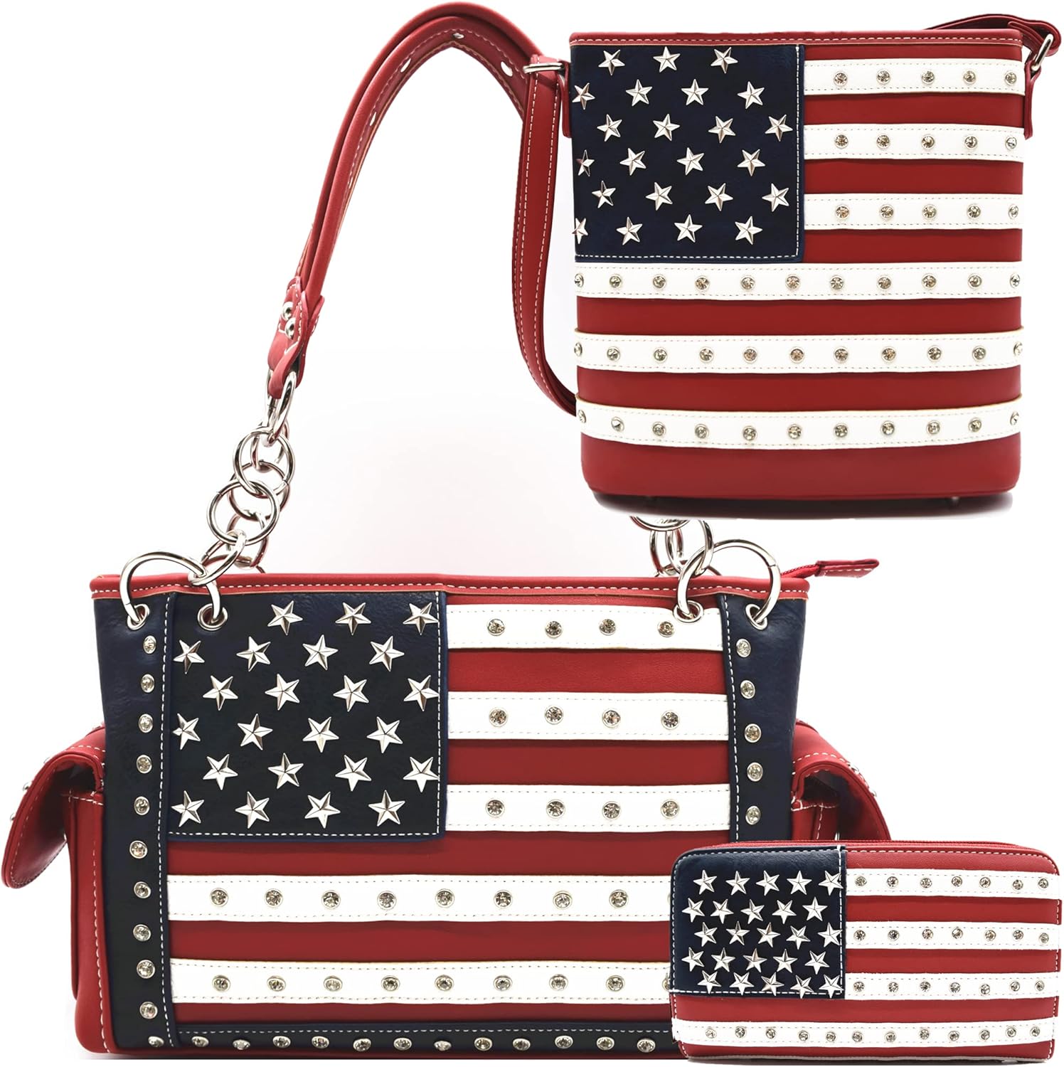American Flag USA Concealed Carry Purse Handbag Stars and Stripe Women Shoulder Bag Crossbody Wallet Red