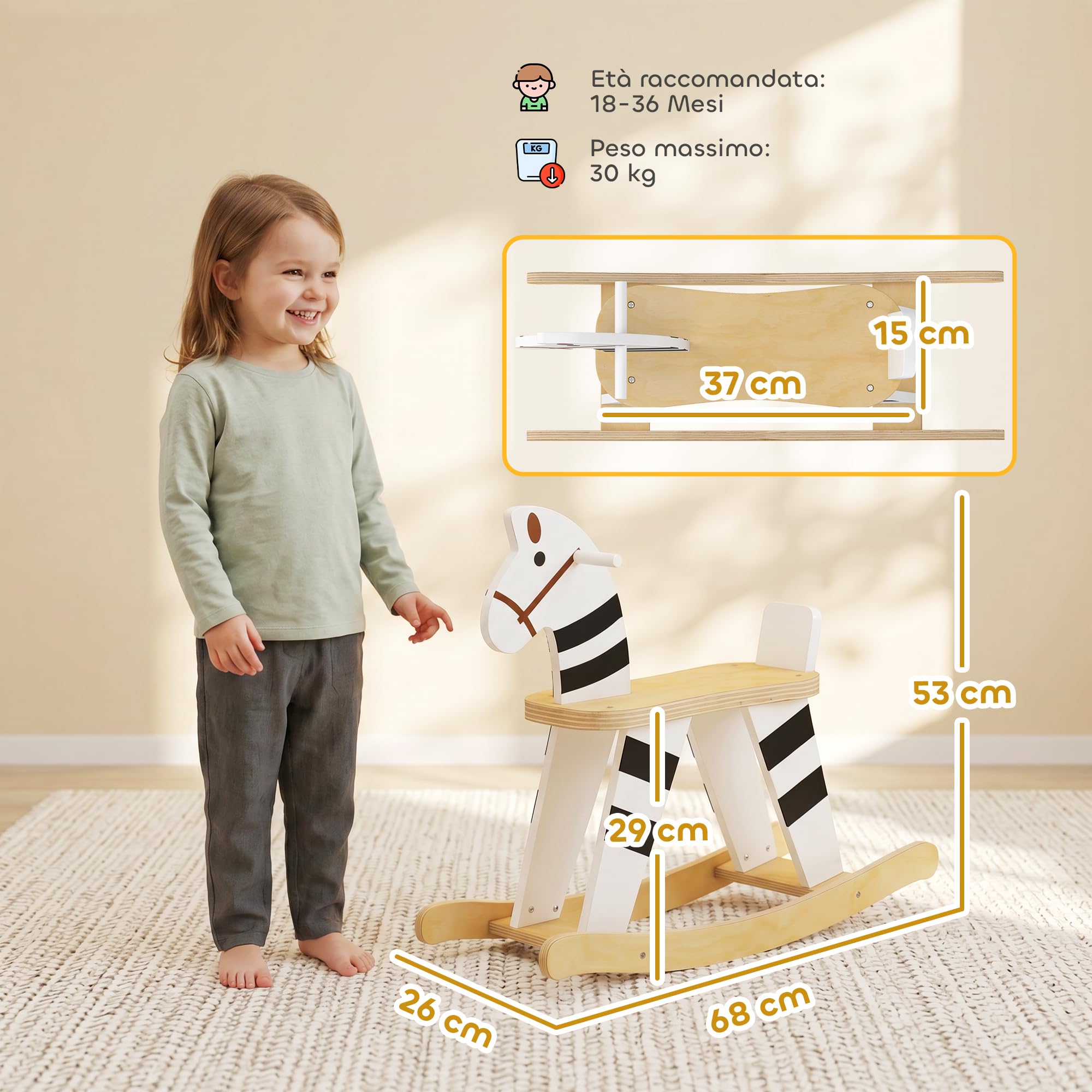 AIYAPLAY Cavallo a Dondolo per Bambini 1.5-3 Anni 68x26x53 cm Multicolore
