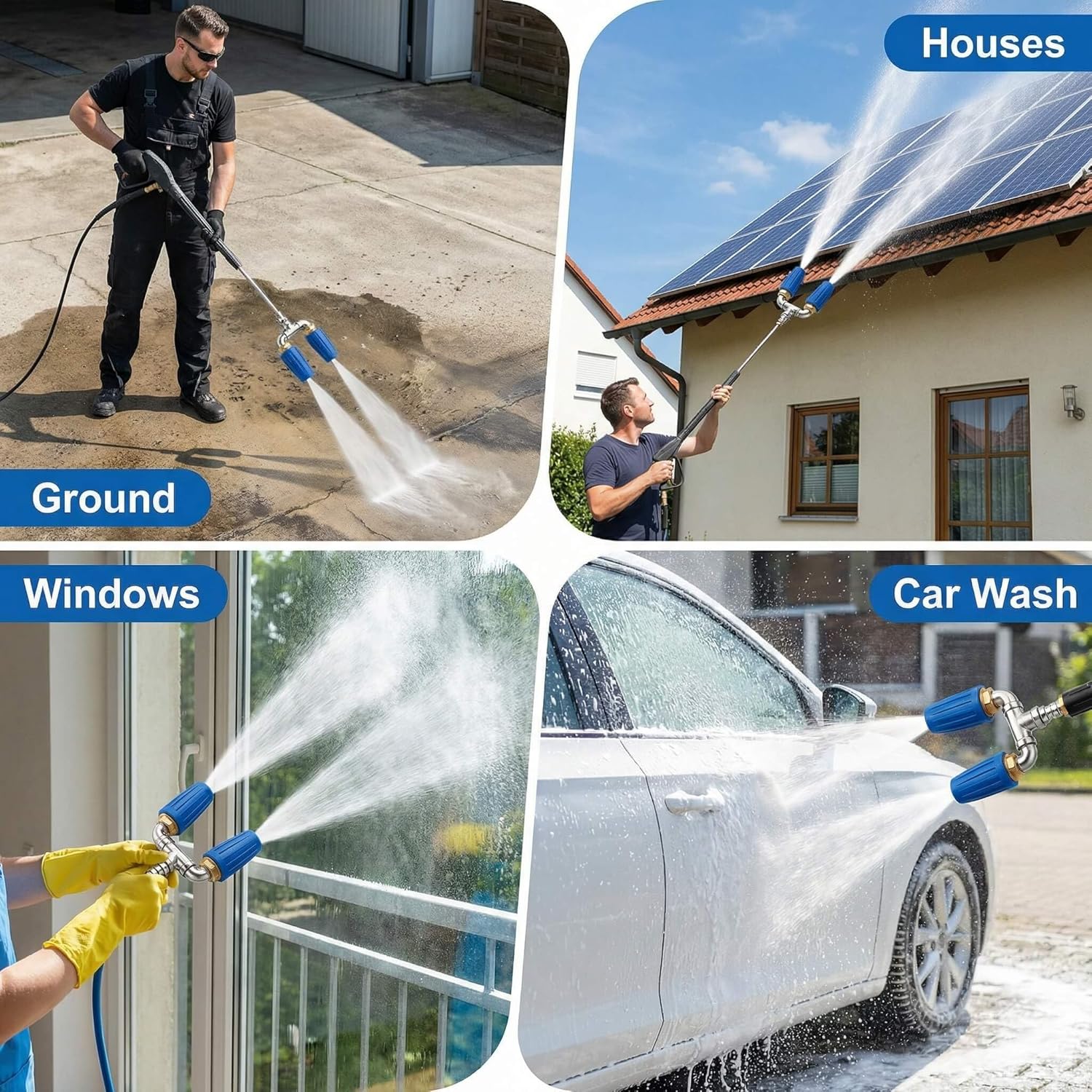Dual Turbo Nozzle Pressure Washer, Dual Pressure Washer Nozzle, 360° Rotating 4000 PSI Turbo Nozzle with 1/4" Quick Connector 2.0 Orifice, 304 Stainless Steel for Driveway/Deck Clean(Blue)
