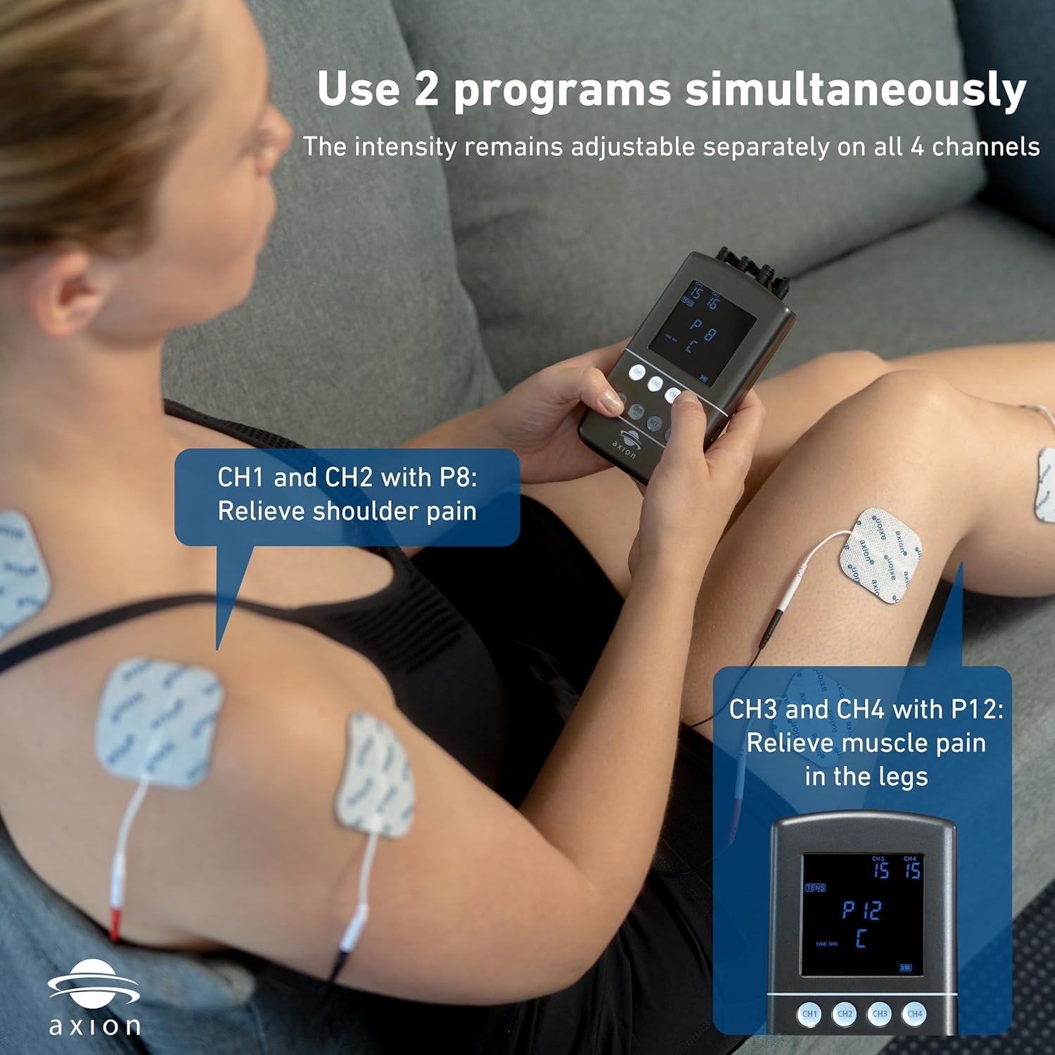 Woman using the axion STIM-PRO X9B device with electrodes placed on her shoulder and leg for simultaneous therapy.