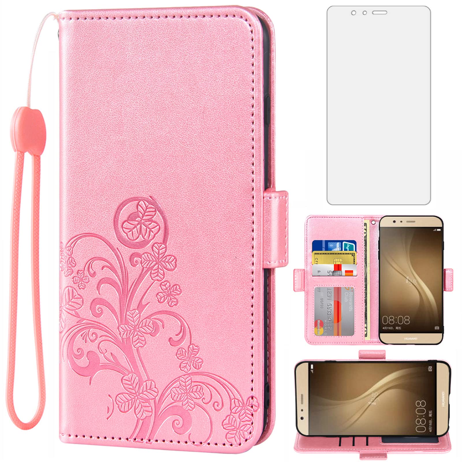 AsuwishCompatible with Huawei P9 Wallet Case and Tempered Glass Screen Protector Flip Purse Accessories Wrist Strap Credit Card Holder Cell Phone Cover for Hawaii EVA-L09 EVA-L19 Women Men Rose Gold