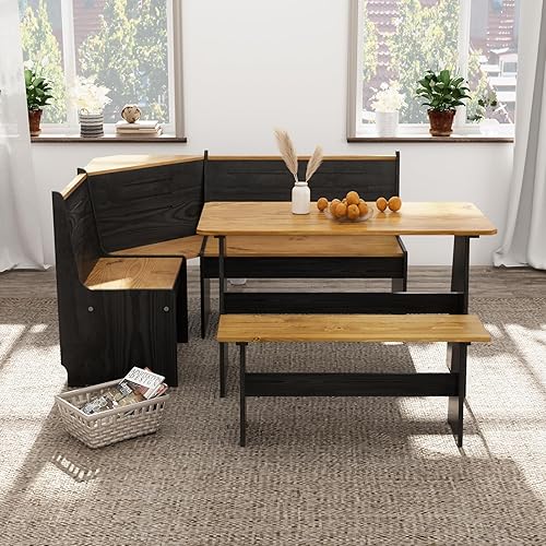 Miniatura 12 de Juego de mesa de comedor para rincón de desayuno – Rincón de desayuno estilo cabina con banco en L, juego de mesa de comedor de madera marrón claro