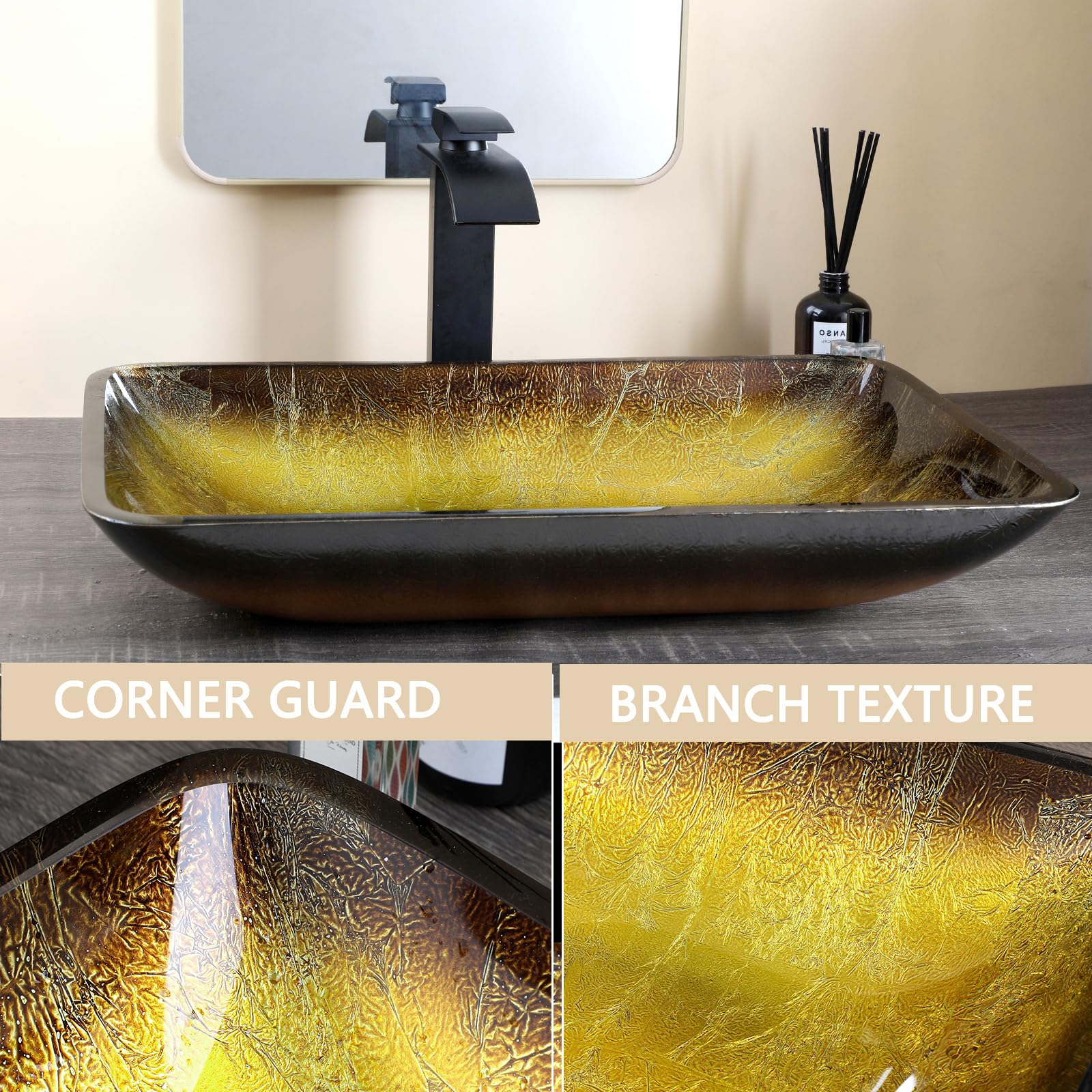 ELECWISH Bathroom Sink And Faucet Combo Artistic Tempered Glass Vessel Sink Basin Washing Bowl Set Cabinet Countertop Sink Chrome Faucet Pop Up Drain Ova - View #6