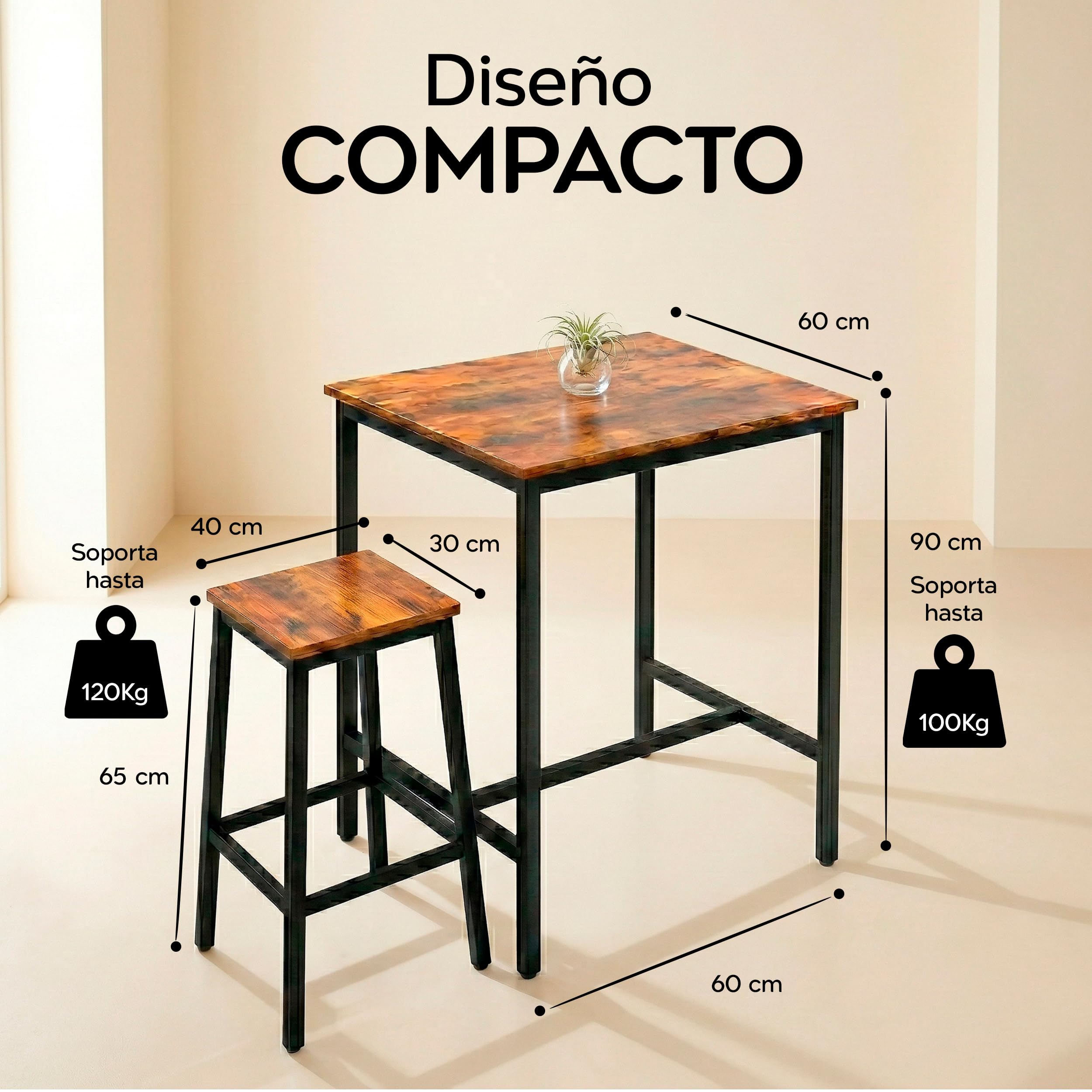 Marctani Juego de Mesa Alta Cocina con Taburetes (Set de 3 Piezas) - Mesa Alta Bar de Estilo Industrial 90 x 60 cm - Estructura de Metal Negra y Madera MDF - Patas Antideslizantes y Antirayones