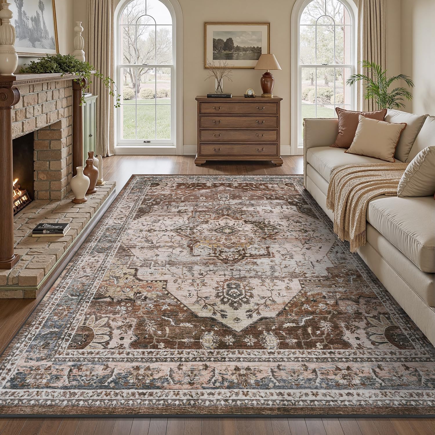 brown washable 8x10 area rugs for living room rug bedroom rug carpet neutral vintage dining room rugs for under table soft comfortable non slip brown multi 8' x 10' (rectangular)