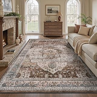 Brown Washable 8x10 Area Rugs for Living Room Rug Bedroom Rug Carpet Neutral Vintage