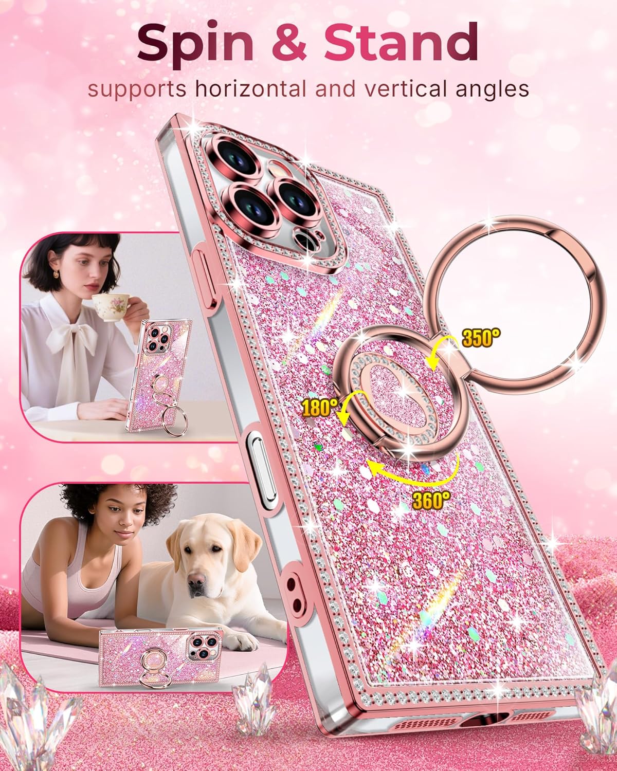 XYZ for iPhone 16 Pro Max Case, Glitter Bling Phone Cover with 2-Ring Heart Stand & Lanyard, Women Girls Luxury Rhinestone Shockproof Protective Case for iPhone 16 Pro Max, Pink - Image 2