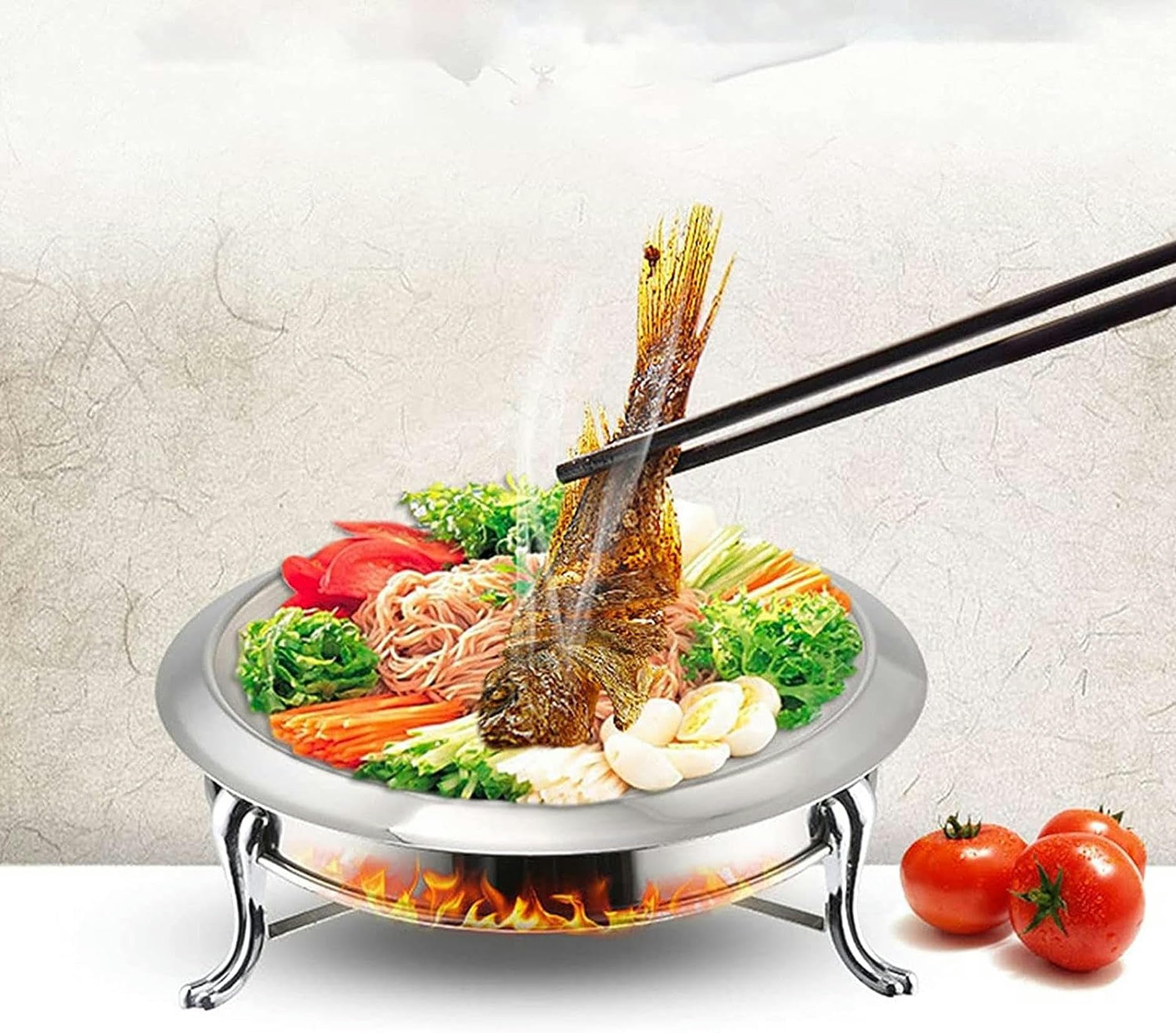 Juego de platos de acero inoxidable con bandeja para alimentos, soportes de combustible y tapa para catering, cocina, fiesta, comedor, buffet, redondo, calentador de alimentos