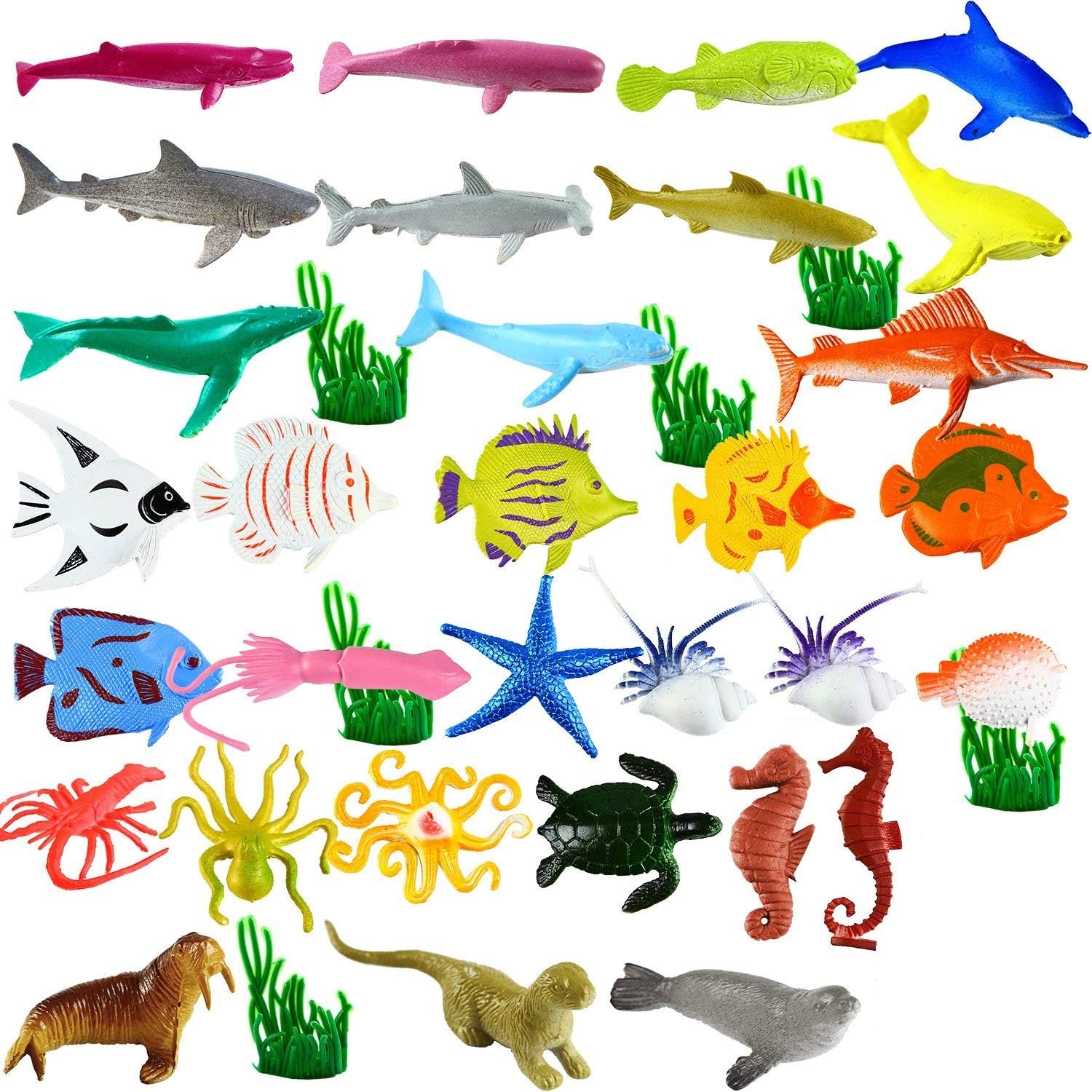 Stylastra 40 Pack Sea Animal Figures Toy Set Assorted Mini Sea Animals Realistic Looking Figures and Sea Grass for Kids