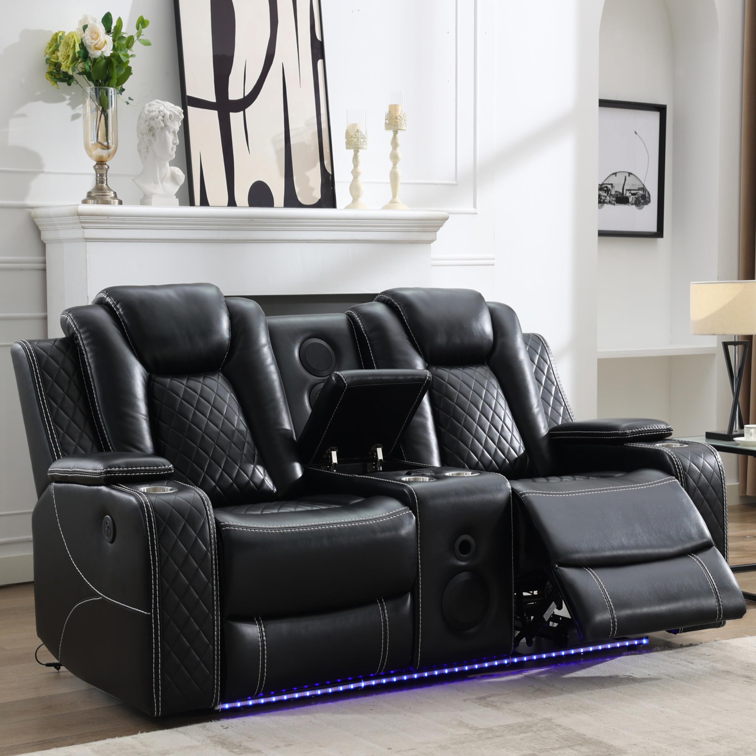 Power Loveseat Recliner Couch with Bass Speakers, Leather Electric Reclining Love Seat, Dual Recliners with LED Lights, 2 Seaters Movie RV Home Theater Seating Sofa with console for Living Room, Black