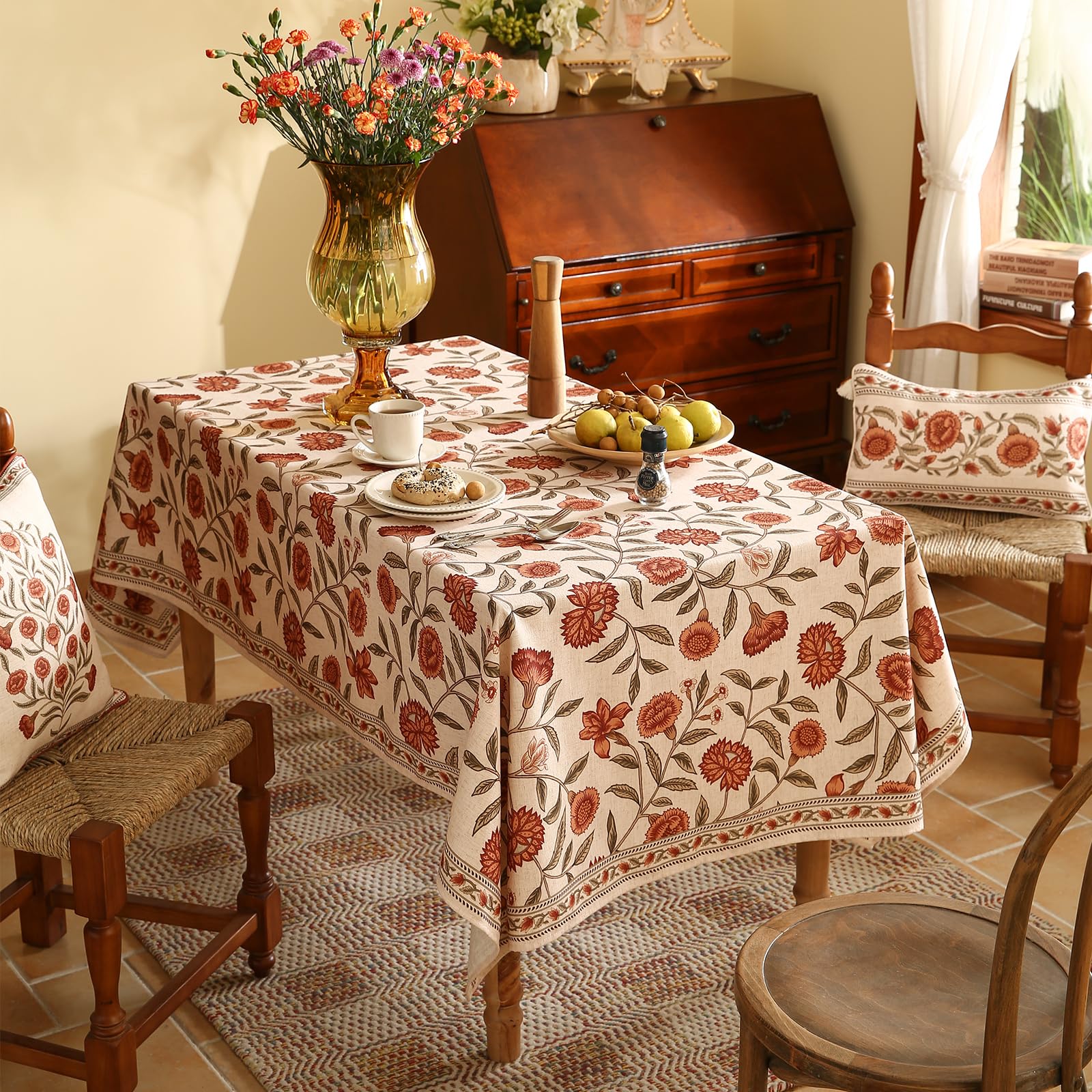 ISAENNE Designer French Square Tablecloth,Linen Orange Floral Pattern Indoor Table Cloth,Wrinkle Resistant Decor Table Cloth for Dining Thanksgiving Kitchen Party,67"*67"-Alvarado D