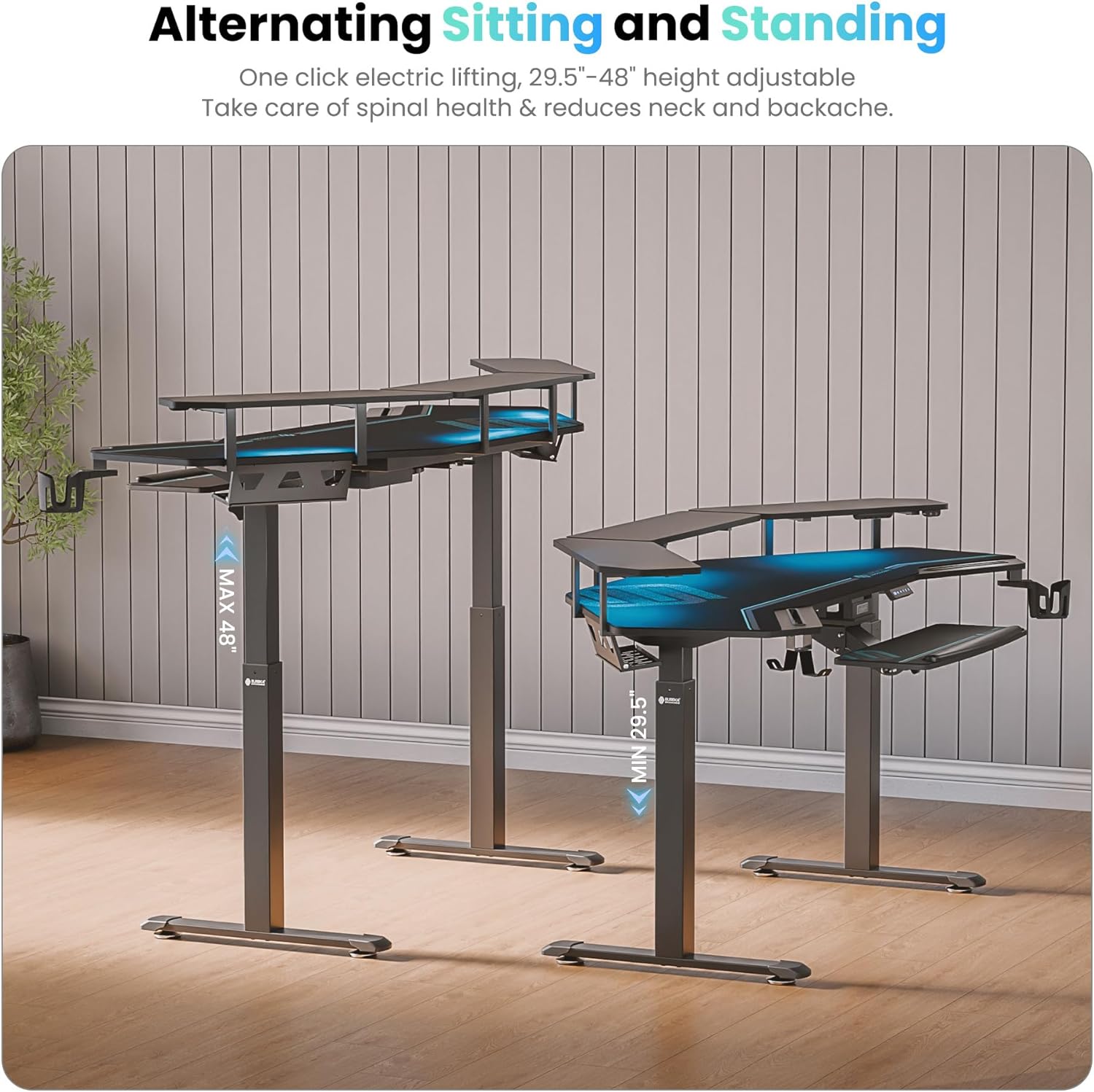 EUREKA ERGONOMIC Gaming Desk, Standing Desk w Keyboard Tray, 72" Wing Shaped Music Studio Table with LED Shelves, Gaming Recording Live Stream, Slot Design