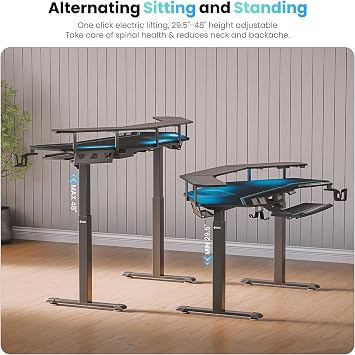 EUREKA ERGONOMIC Gaming Desk, Standing Desk w Keyboard Tray, 72 Wing Shaped Music Studio Table with LED Shelves, Gaming Recording Live Stream, Slot Design