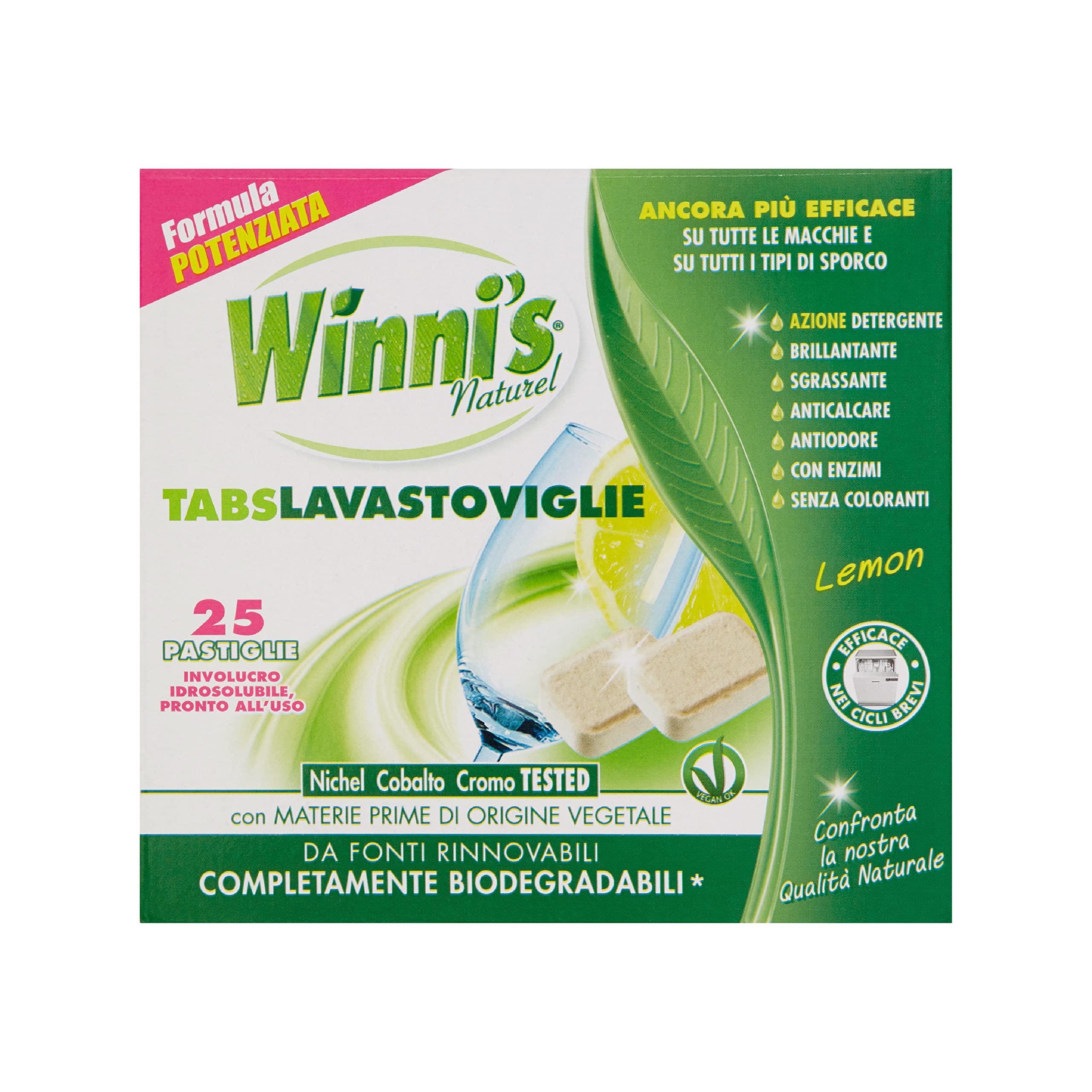 Winni's - Pastiglie per Lavastoviglie, 300 Tabs, Detersivo Multiazione Detergente, Sgrassante, Antiodore e Brillantante, Fragranza di Limone, con Materie Prime di Origine Vegetale, Confezione da 12