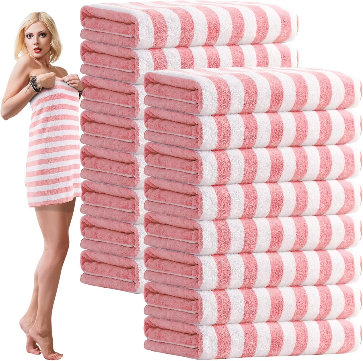 SmoothNovelty 16 Pack Oversized Microfiber Bath Towels 27x60 Inch Pink Stripes - Ultra Absorbent Quick Dry for Beach Gym Shower Bulk