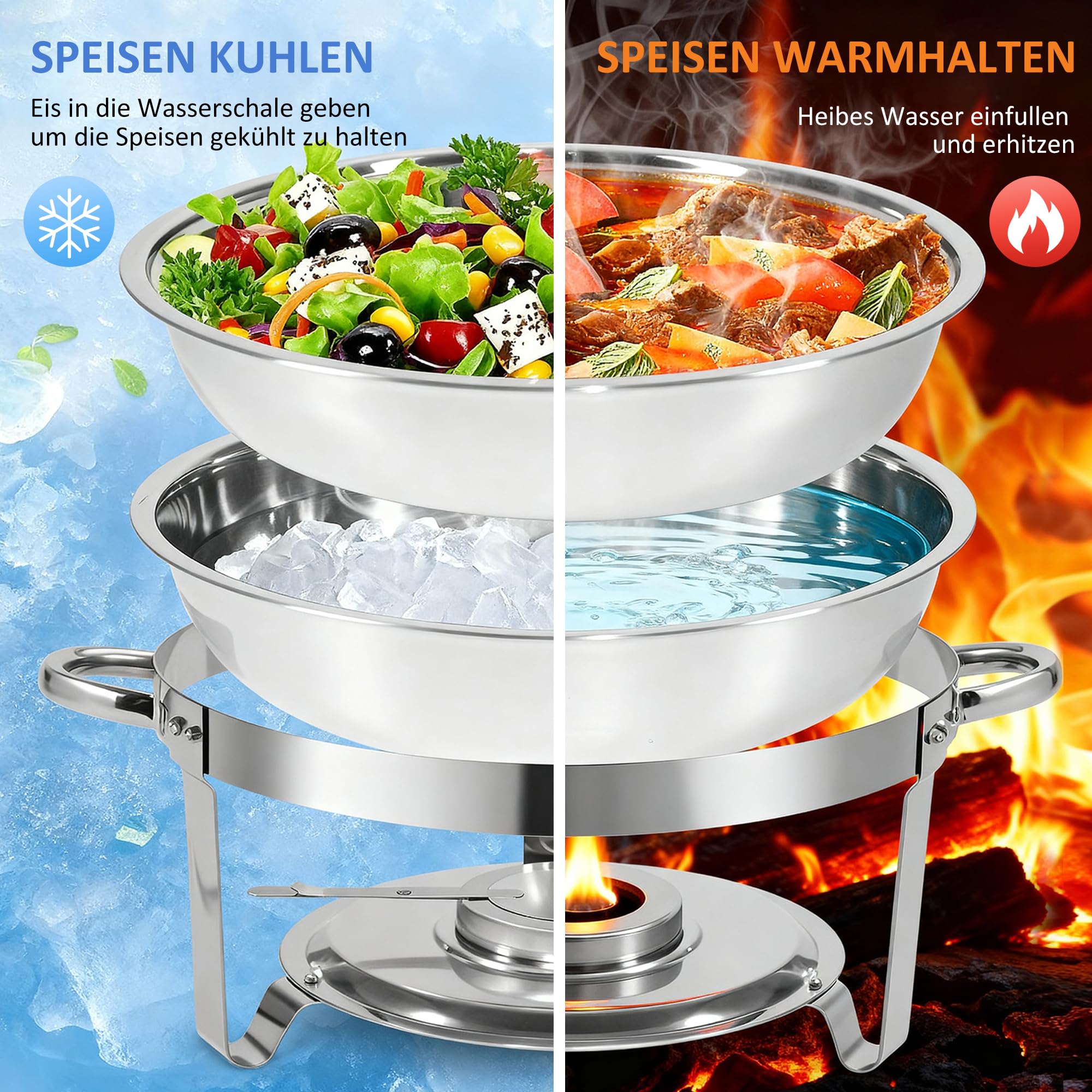5L Chafing Dish Set 4er Pack, Edelstahl Warmhaltebehälter Essen, Speisenwärmer mit Rollrand-Design für Catering, Buffet und Party