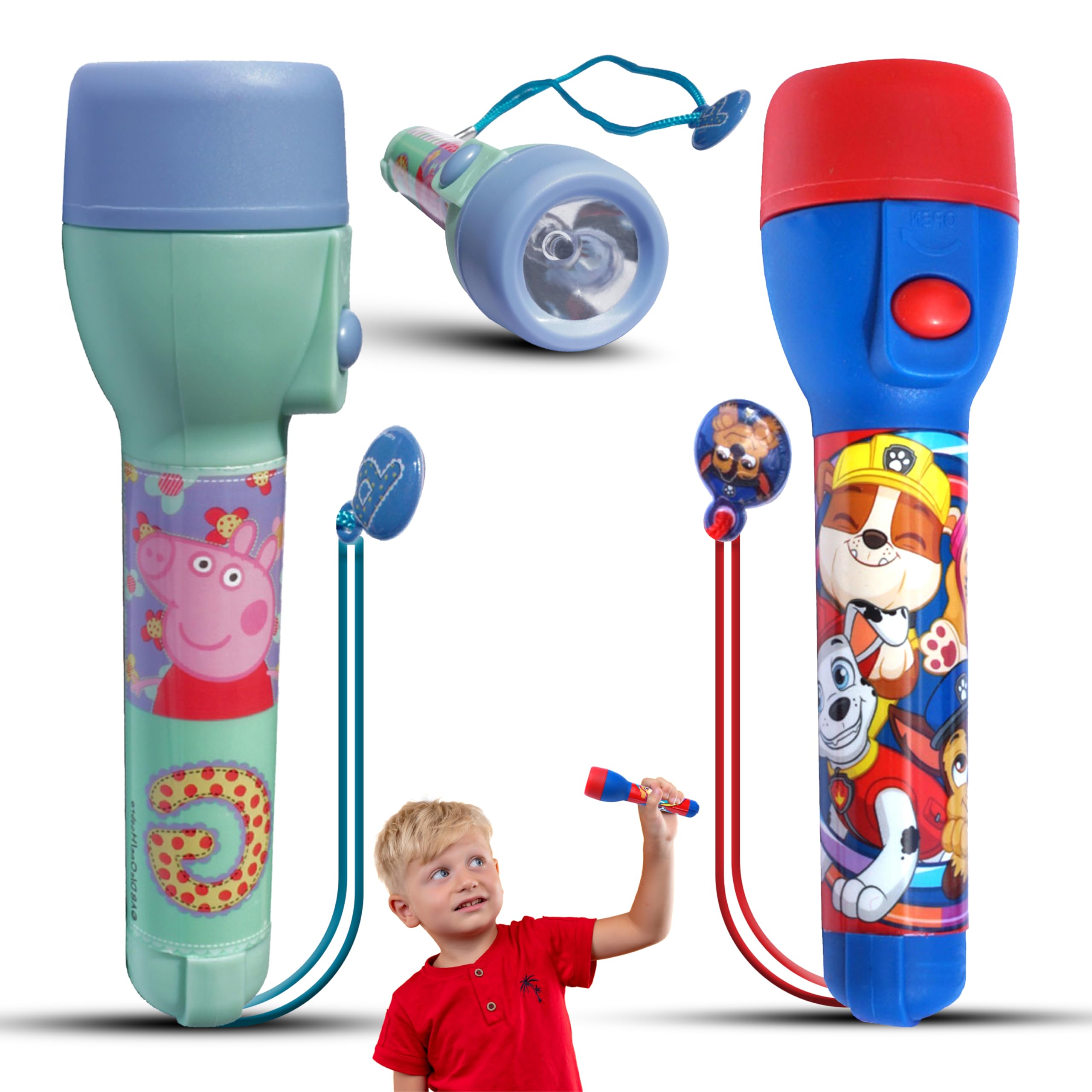 SRV Hub Peppa Pig & Paw Patrol Torch Set – 2 Pack LED Flashlights – Fun Night Lights for Kid – 16cm Safe Torch – Birthday & Christmas Gifts Girl Boys
