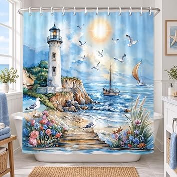 Nautical Coastal Lighthouse Shower Curtain, Boho Ocean Beach Lighthouse Seascape Beachy Abstract Shower Curtain Set, Seasides Sailboat Seagull Fabric Shower Curtain for Bathroom 12 Hooks, 72"78" Blue