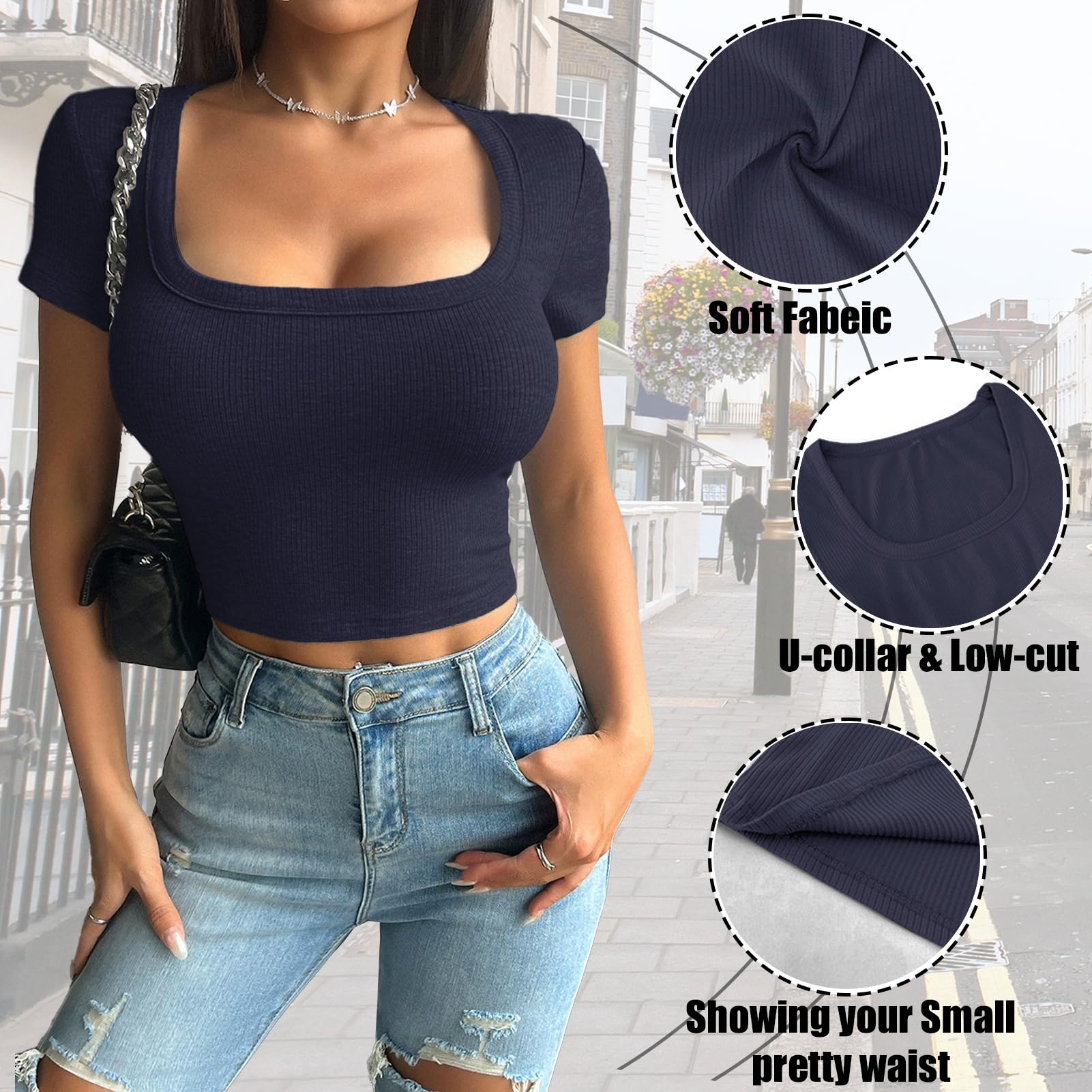 crazy bean Magliette Donna Manica Corta t Shirt Slim Fit Top Corto Maglietta di Base con Scollo a U Y2K Sexy Casual Estive