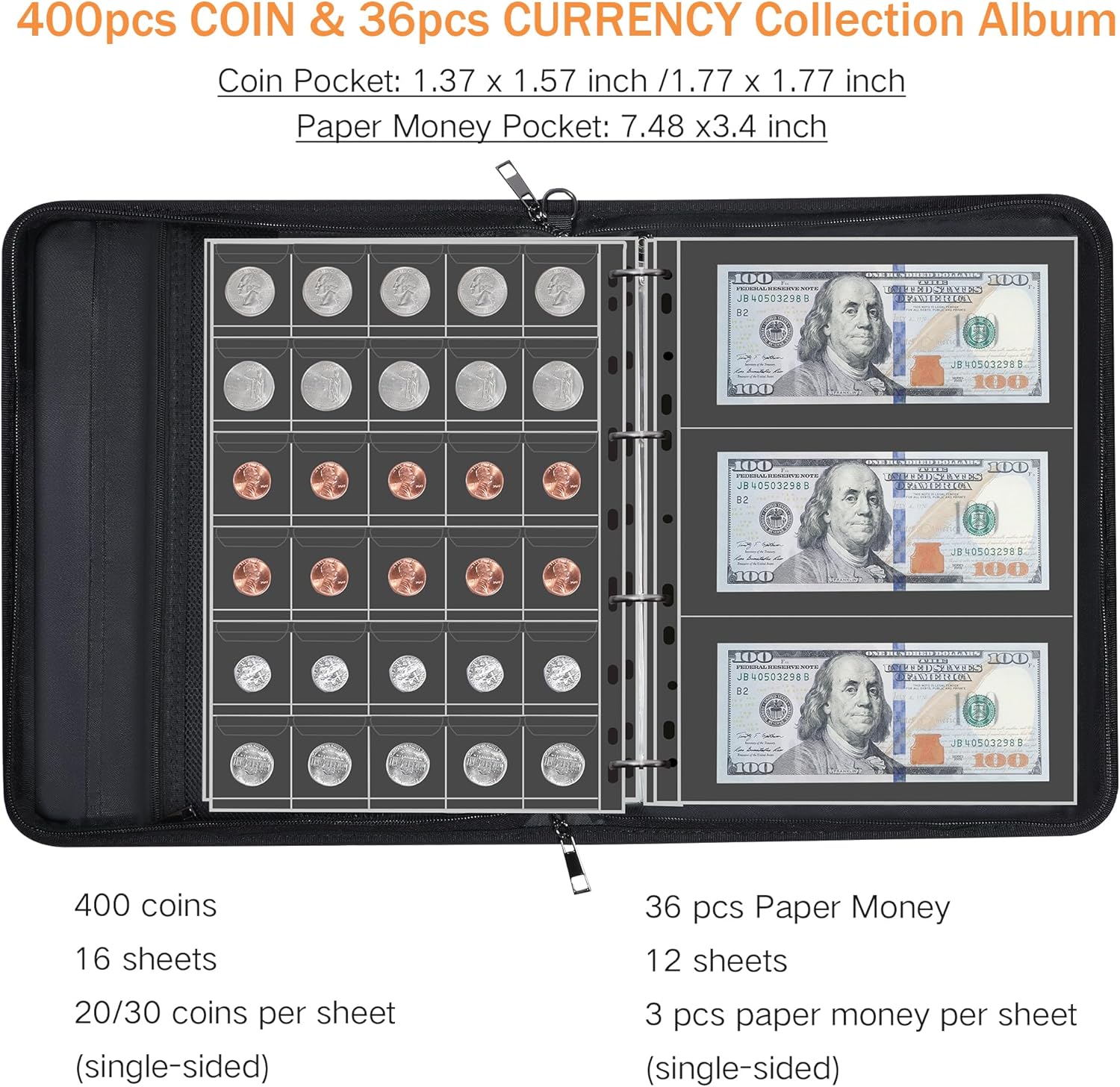 Coin Collection Album for Collectors with Lock, 400 Pockets Fireproof Coin Holder Book & 36 Paper Currency Binder Sleeves, Coin Storage Collecting Organizer for Pennies,Bill,Tokens,Badges