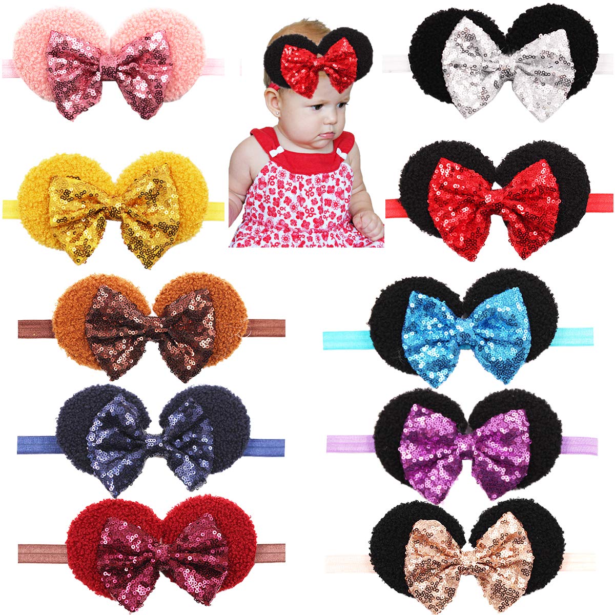 Baby Girls Sequin Headbands 6Inch Large Big Sparkly Glitter Sequin Hair Bows Headband for Newborn Infant Toddlers Babies Pack of 10 Colors