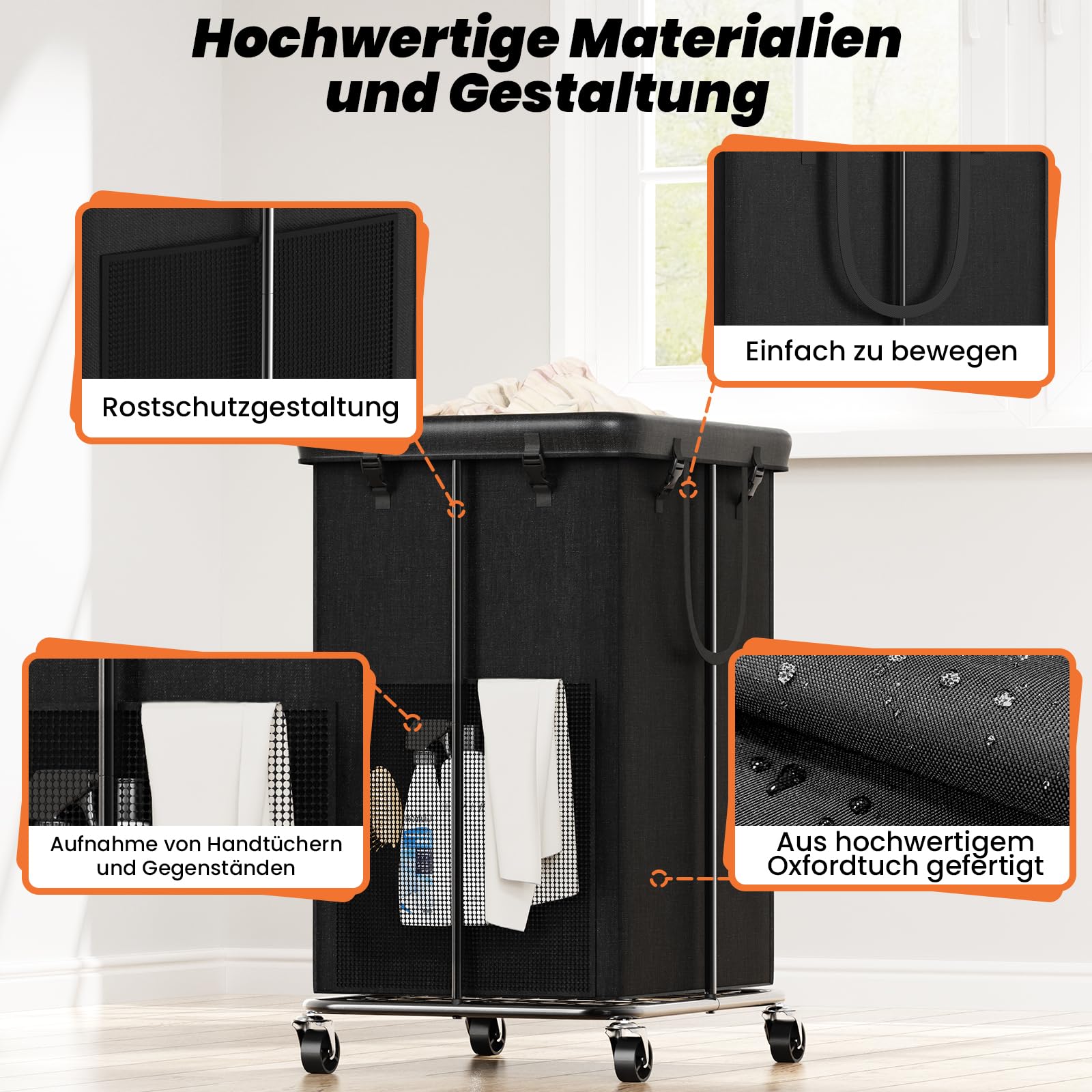 Grote wasmanden met wieltjes, wasverzamelaar met metalen frame en handvat, waterdichte waszak, wasmand voor bijkeuken, slaapkamer, badkamer, 150 liter, zwart