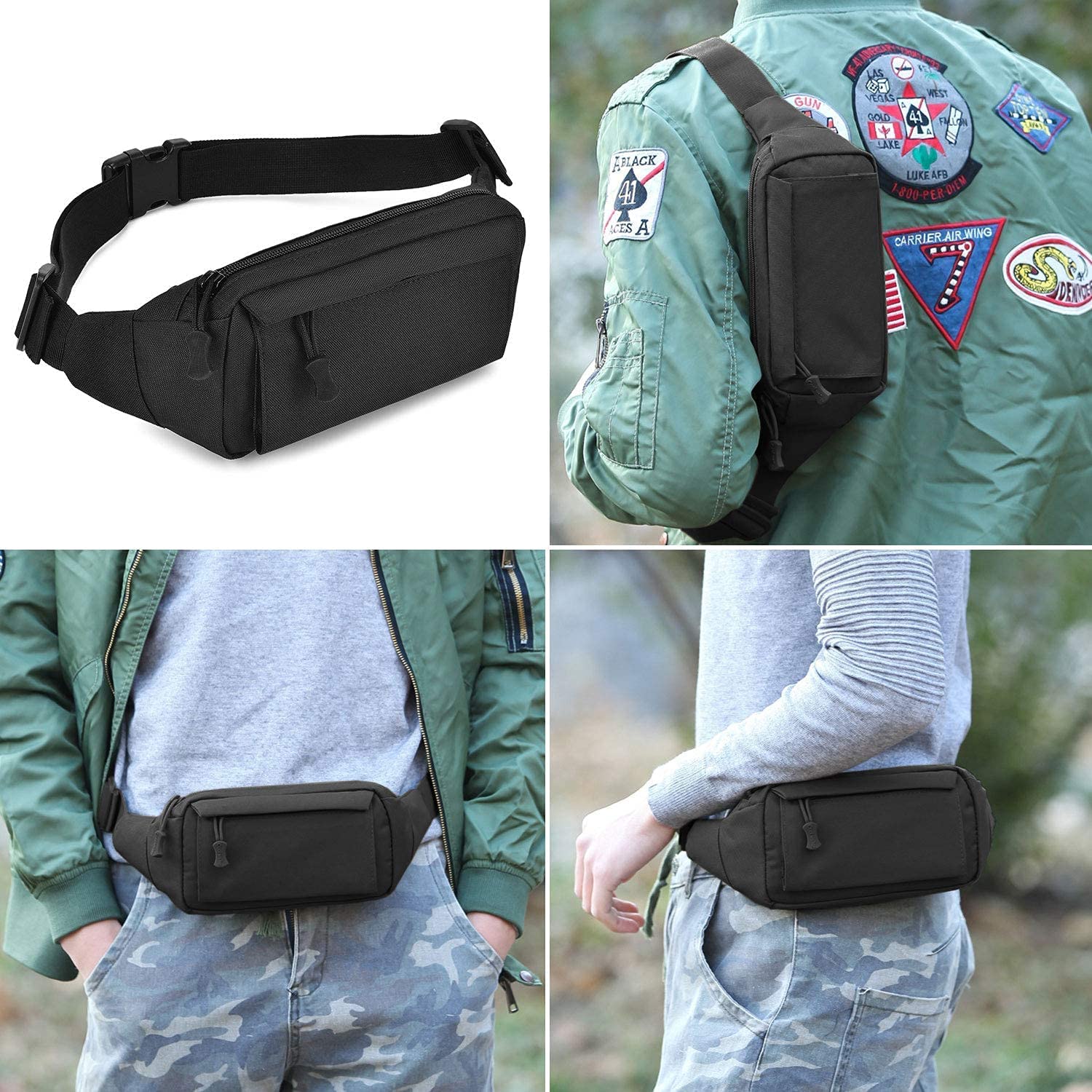 Riñonera táctica pequeña bolsa militar para dinero, bolsa de nailon WR para uso diario, viajes, senderismo, escalada, correr, Negro -, Cierre de cremallera 6
