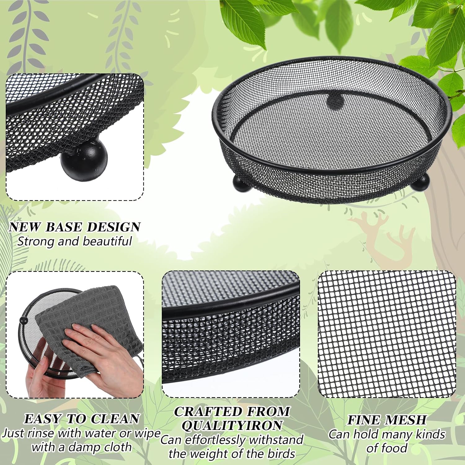 4 Pcs Black Platform Bird Feeder Tray, 7 x 2 Inch Iron Mesh Seed Trays for Outdoor Wild Birds Squirrels Doves, Squirrel Resistant Garden Yard Decoration