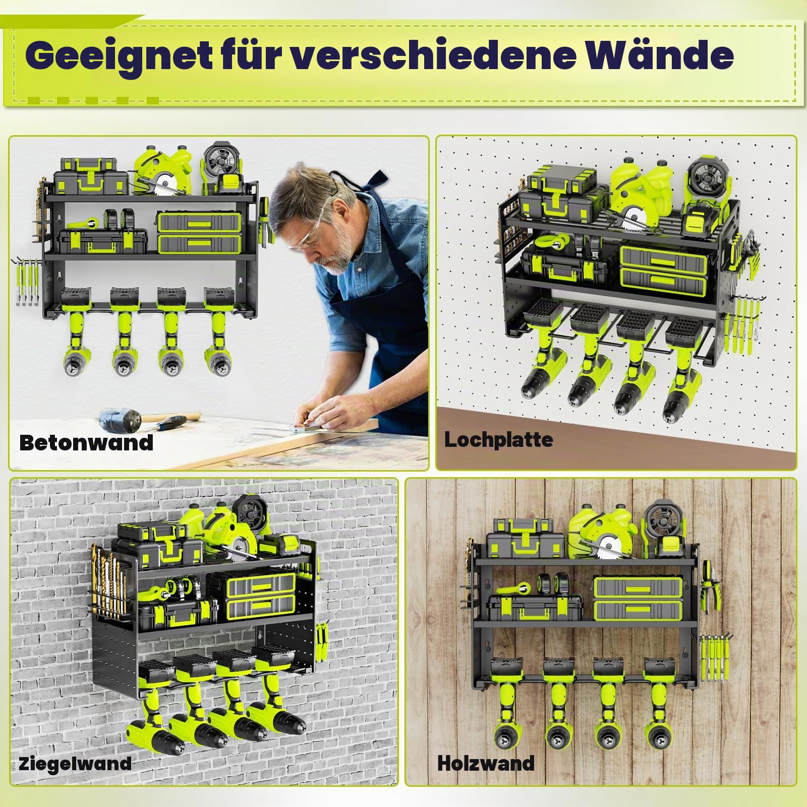 Metall Werkzeughalter Wand, Werkzeugspeicher Wandhalterung Schlagbohrschrauber Werkzeugregal Werkzeugständer mit seitlichem Schraubendreher-Gestell für Garage Werkstatt (Schwarz)