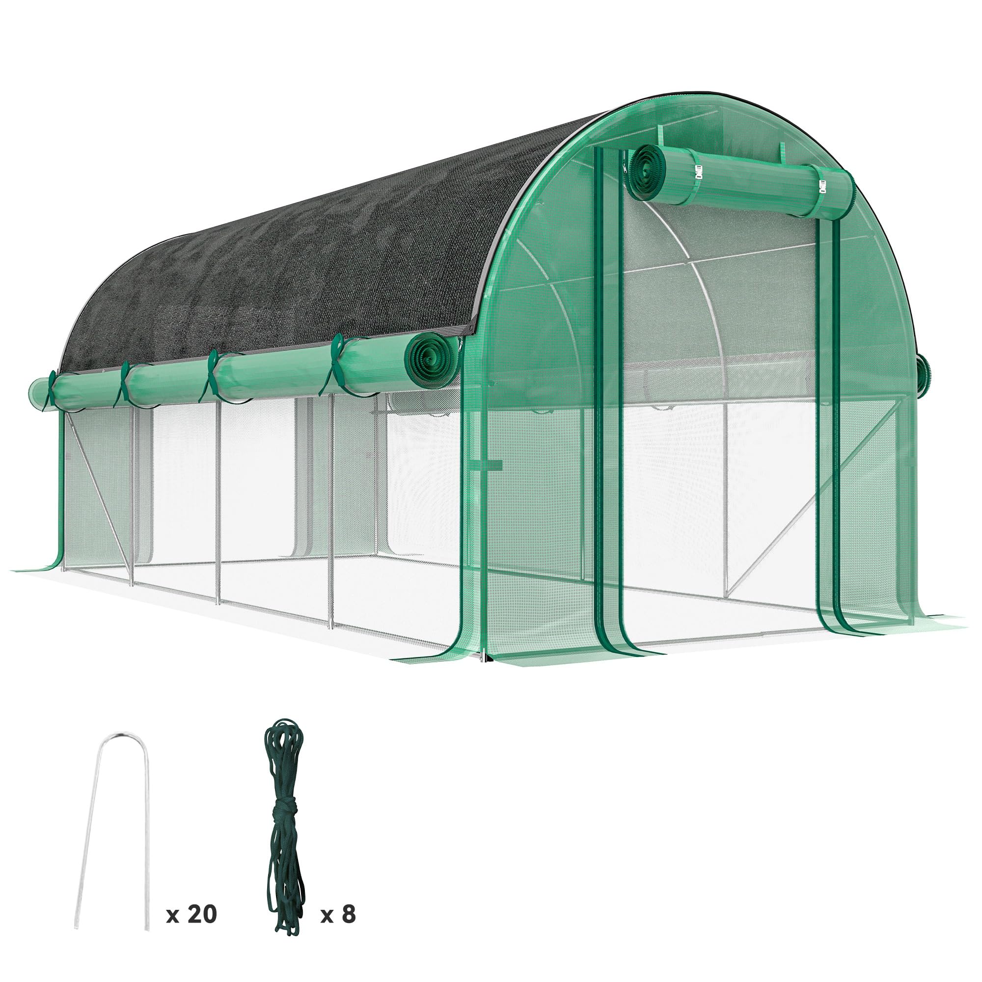 Outsunny Serra esterna 4,5x2x2m con copertura extra Tunnel Verde | Pareti laterali arrotolabili, 8 finestre a rete, doppia porta arrotolabile, per giardino patio