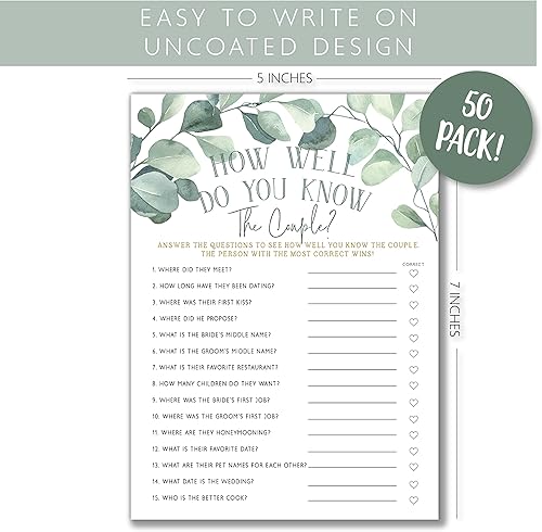 Miniatura 10 de Your Main Event Prints Juegos de despedida de soltera de eucalipto juego de cita nocturna, incluye 1 soporte (5 x 7) y 50 tarjetas de adivinanzas