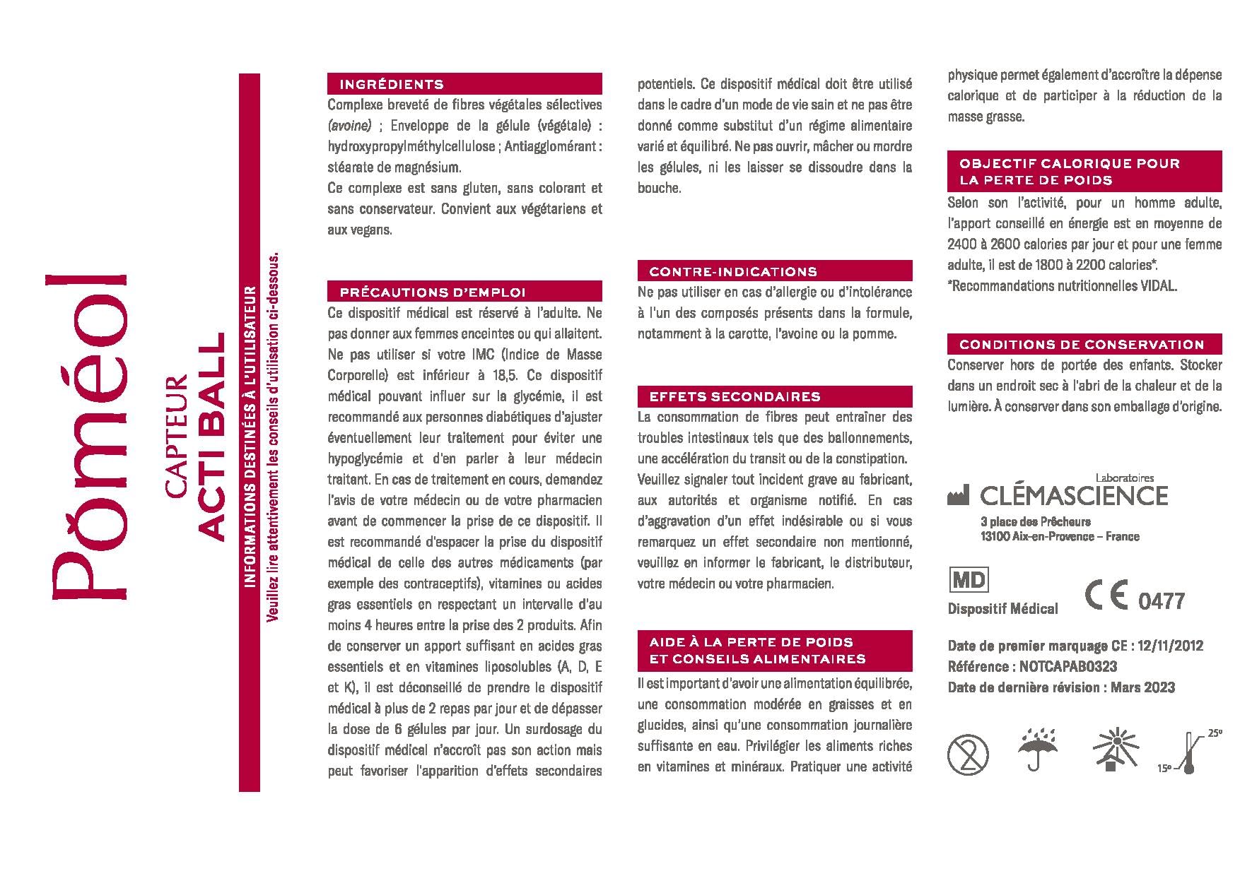 POMÉOL - Capteur Acti Ball - Dispositif Médical - Contribue à la perte de poids et favorise la prévention de l'obésité - Ballon Gastrique Végétal - Complexe Breveté - 180 gélules - Marque Française