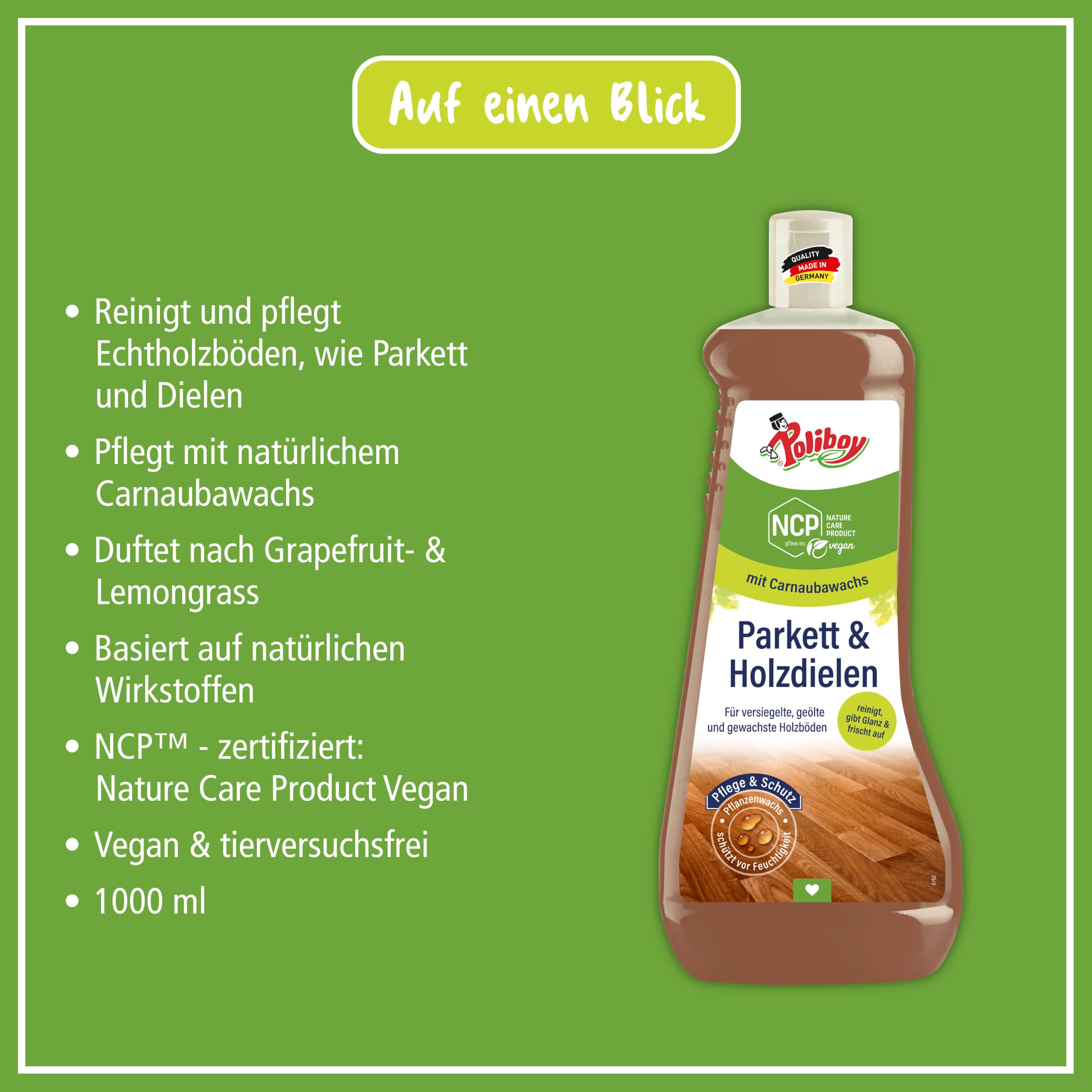 Poliboy Bio parquet e assi in legno, cura e protezione per pavimenti in vero legno oliati, cerati e verniciati, con cera vegetale, vegano, 3 x 1 l, con campione di prodotto, made in Germany