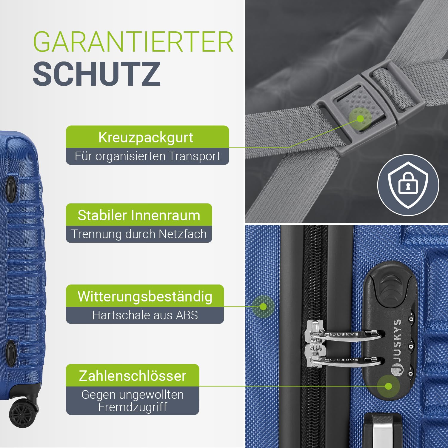 Juskys® Hartschale Kofferset Reisekoffer 4 teilig - Zahlenschloss, geräuscharme 360° Rollen groß, Teleskopgriff, leicht - Koffer in Blau