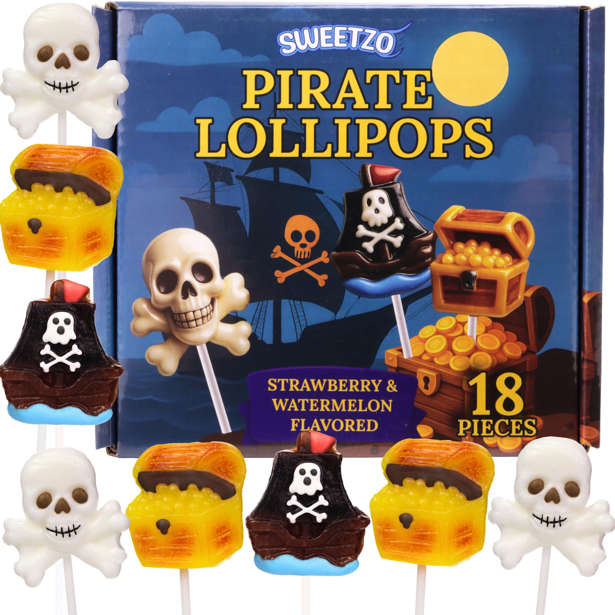 Pirate Lollipops Candy, Strawberry Flavored Ship, Skull & Treasure Chest Suckers, Individually Wrapped Treats for Birthday Parties, 18 Count