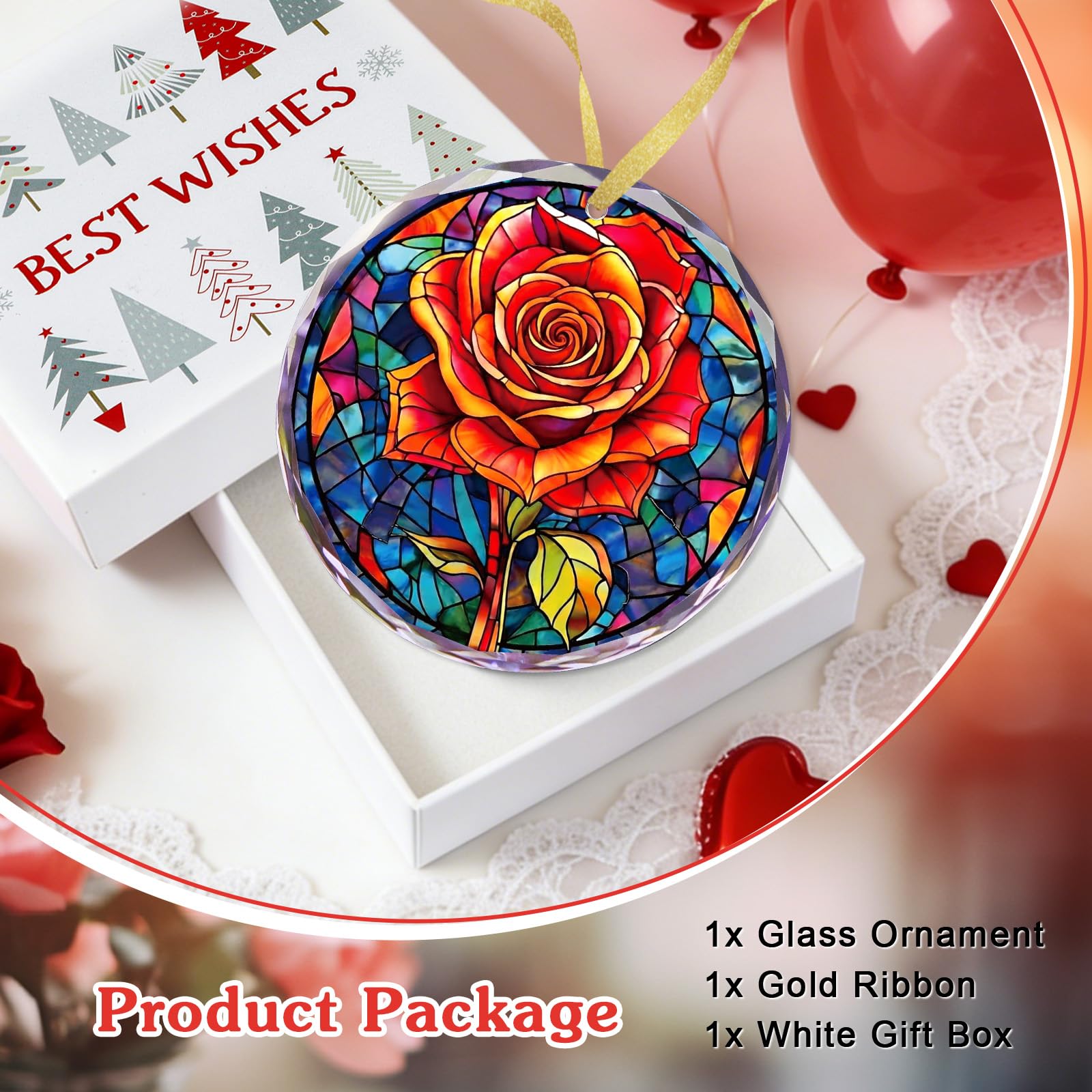 FLYAB Red Rose Valentines Day Gifts for Girlfriend Her Wife Women - Flower Valentine Ornaments for Tree Deorations, Glass Red Rose Window Suncatcher, Anniversary Wedding Gifts