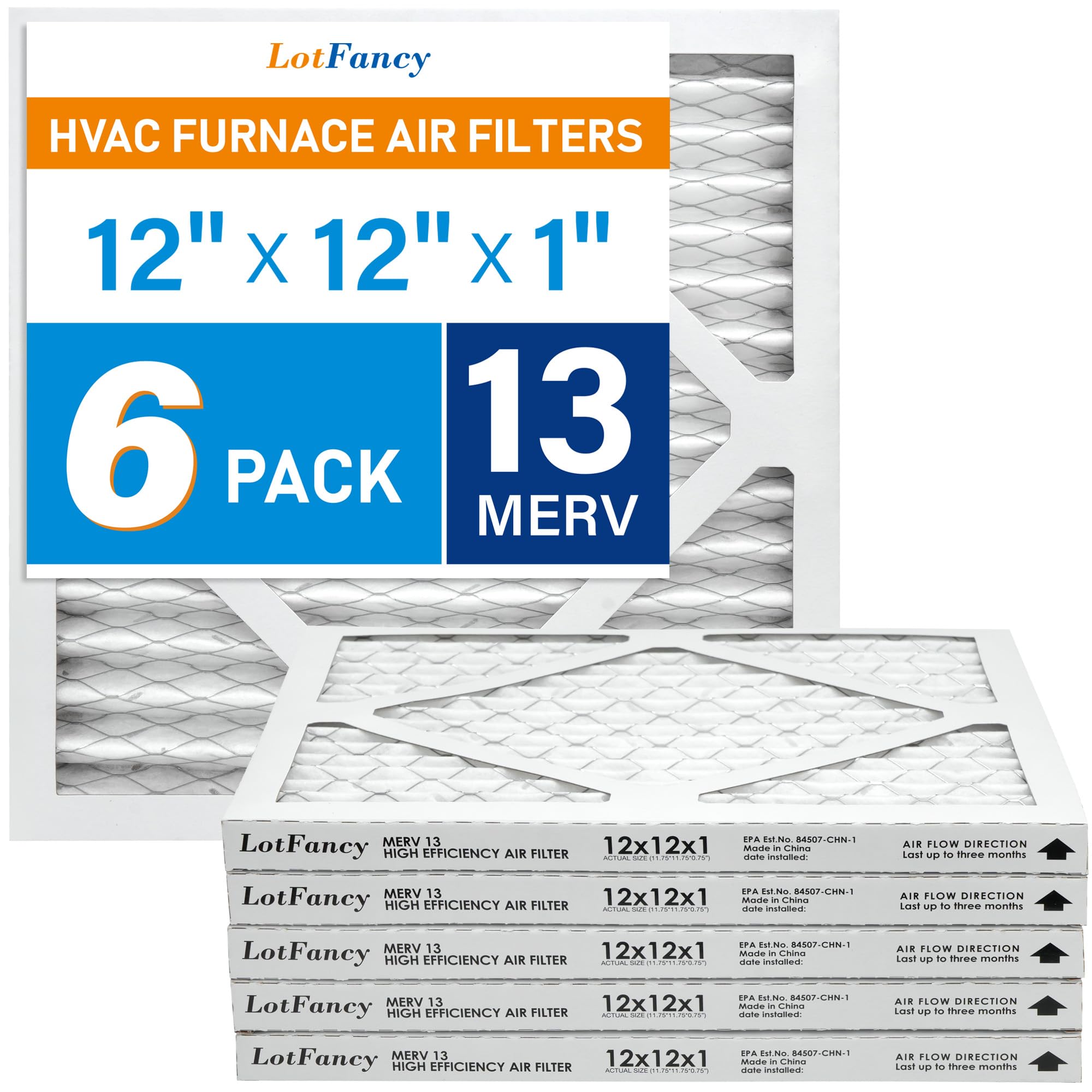 LotFancy 12x12x1 Air Filter MERV 13 6-Pack, Electrostatic Pleated HVAC Furnace Air Filter, Captures Pet Dander Smog Smoke, Actual Size: 11.75"x11.75"
