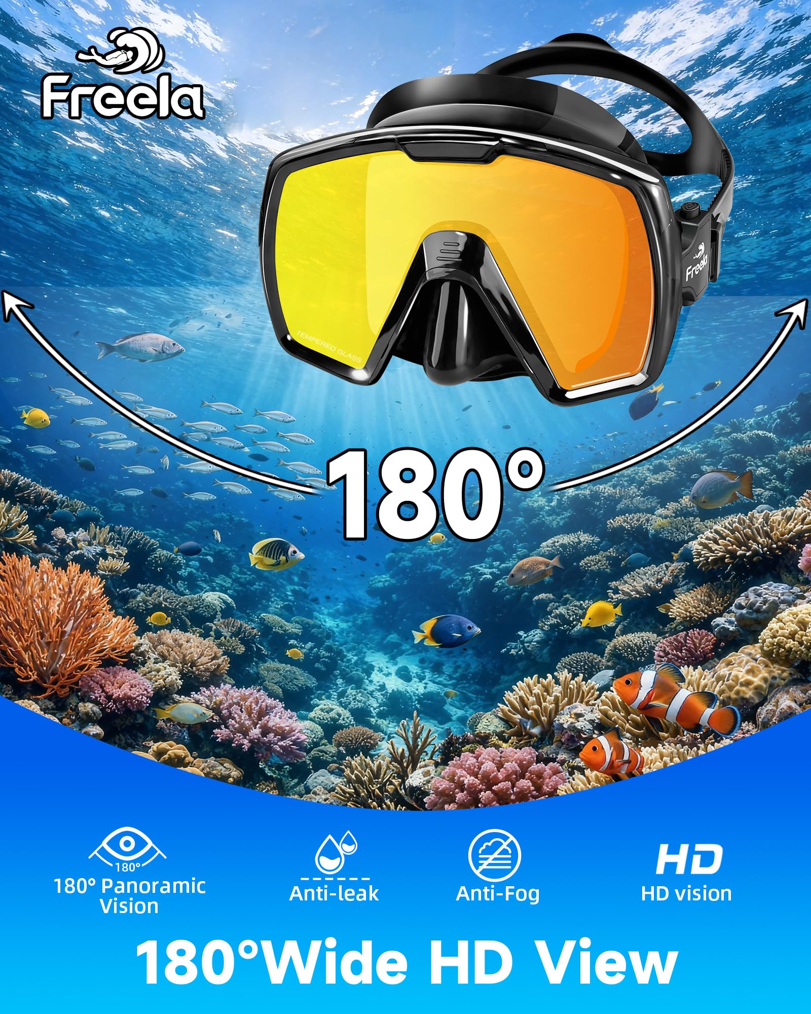 Freela Juego de esnórquel seco para adultos, máscara de buceo con cubierta de nariz para hombres, mujeres y jóvenes, vidrio templado de seguridad de visión amplia de 180°, antivaho, sin fugas, espejo