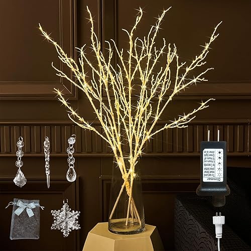 Fudios Ramas iluminadas enchufables de 32 pulgadas, 200 luces LED para decoración de invierno, ramitas blancas para Navidad, fiestas, interiores y