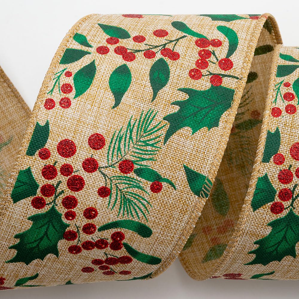 Italian Options 63mm Wide Christmas Ribbon - Natural Linen Holly Glitter Berries (10 Mtr/Wired Edge)