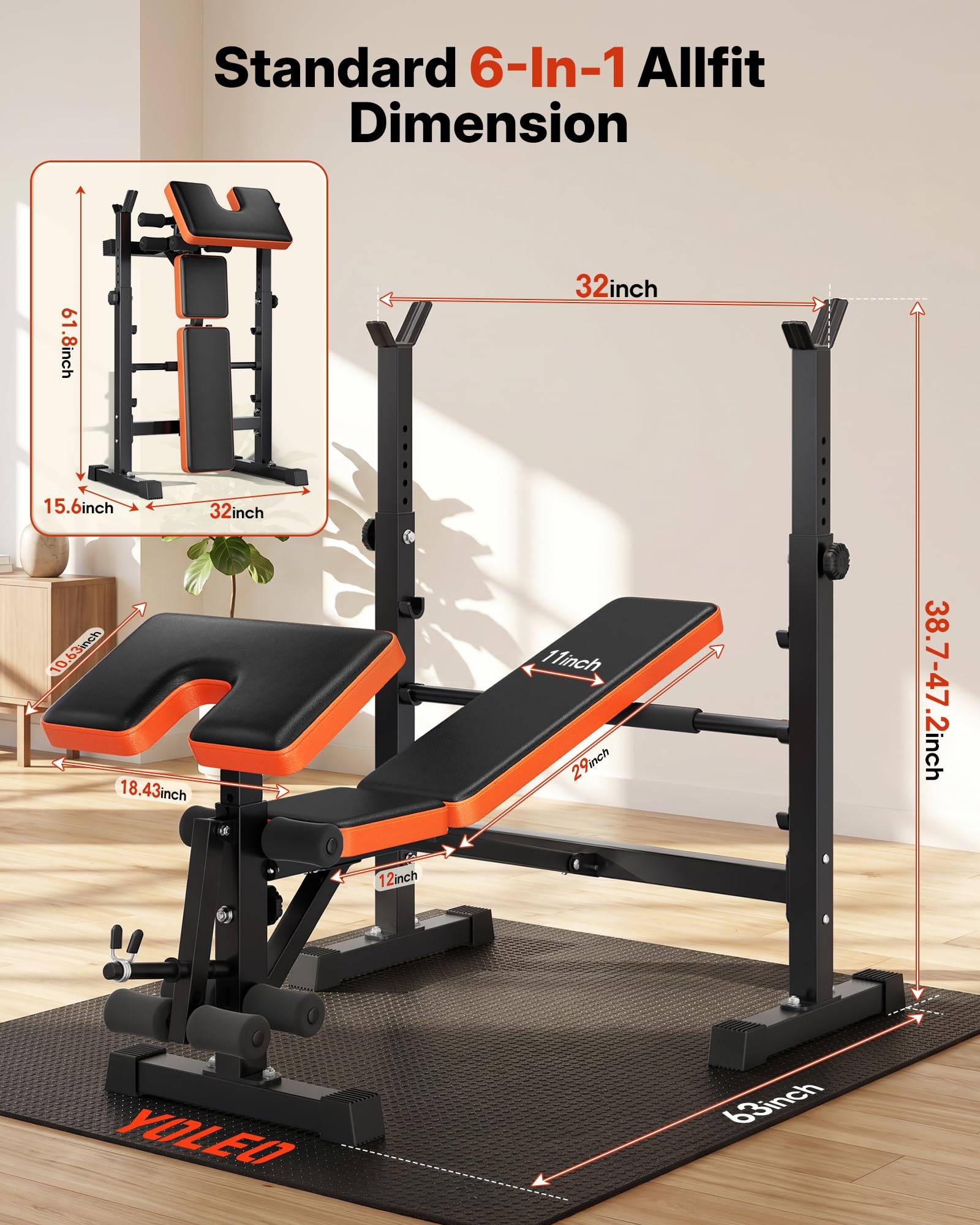YOLEO Beginner Weight Bench Set, Adjustable Foldable Bench Press with Rack | 6 In 1 Beginner-friendly Setup, FID Adjust, Fits 5-6 ft Olympic Bars