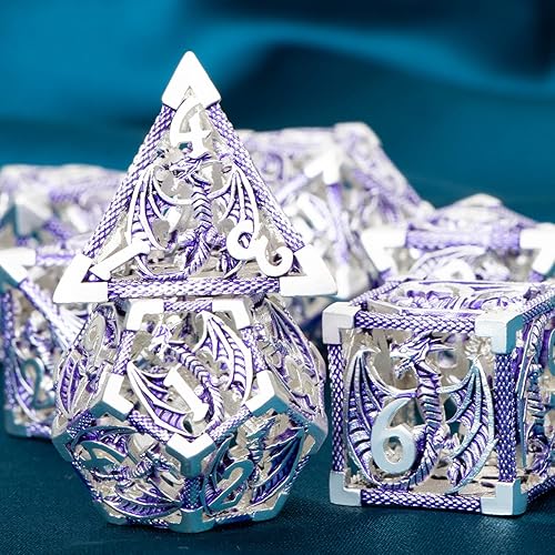 Miniatura 28 de ARUOHHA Juego de dados huecos DND, 7 piezas de dados de metal arcoíris D y D, juegos de rol RPG, dados poliédricos con caja de regalo D20 D12 D10 D8