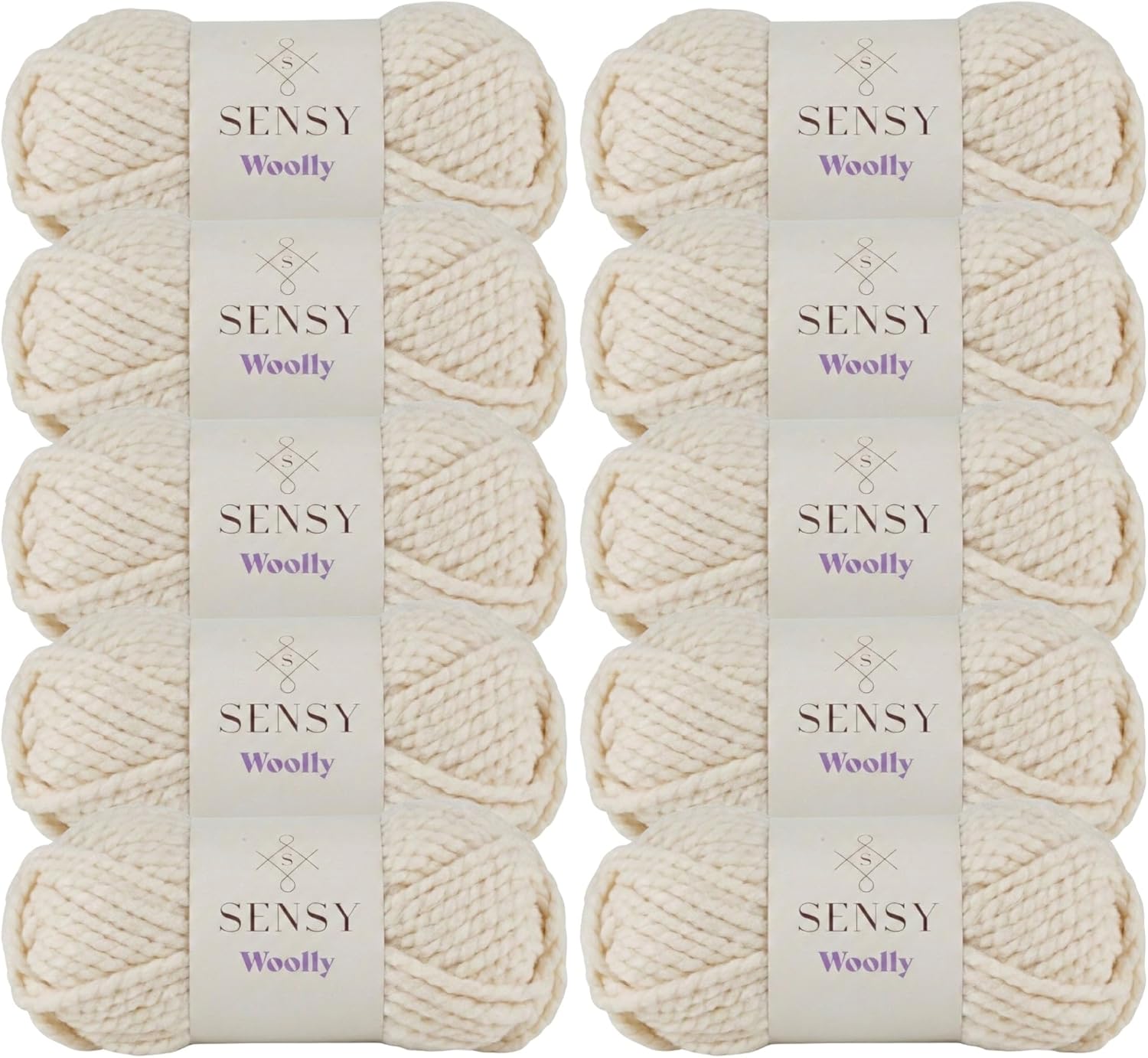 10 Skeins of Sensy Woolly Yarn, 3.5 oz, 66 Yards, Gauge 6 Super Bulky (Creamy)