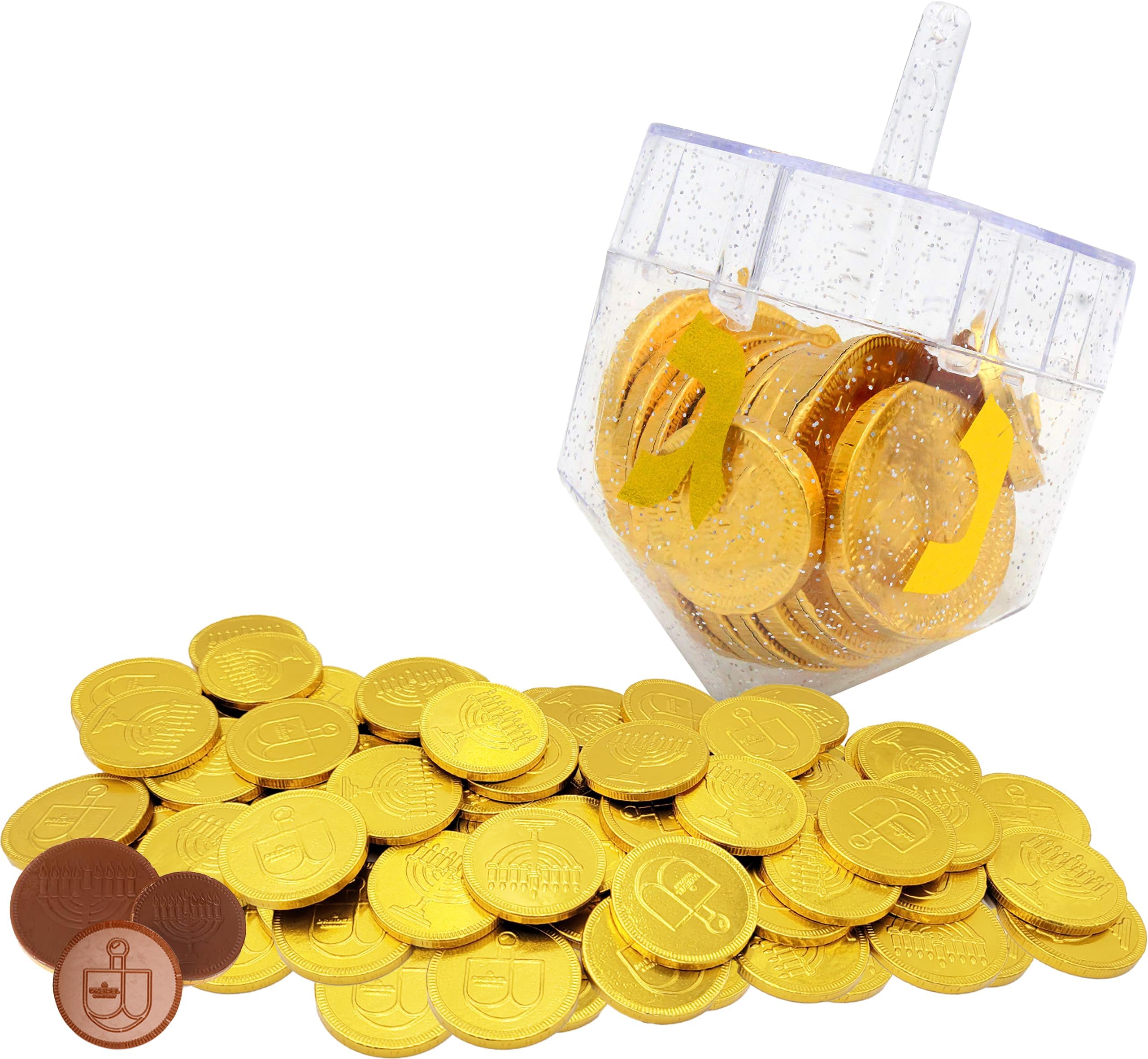 The Dreidel Company Dreidel Filled with Hanukkah Milk Chocolate Gelt Coins, 10 Chocolate Menorah & Dreidel Design Gold Chanukah Gelt, Kosher Certified