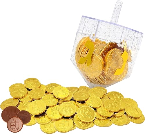 The Dreidel Company Dreidel relleno de monedas de chocolate con leche Gelt de Hanukkah, 10 chocolates de Menorá y Dreidel con diseño dorado Gelt de