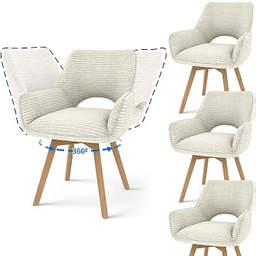 Juego de 4 Sillas de Comedor Giratorias 360° con Reposabrazos y Patas de Madera, Silla Moderna Acolchada con Respaldo de Tela para Cocina, Salón o Dormitorio, Beige