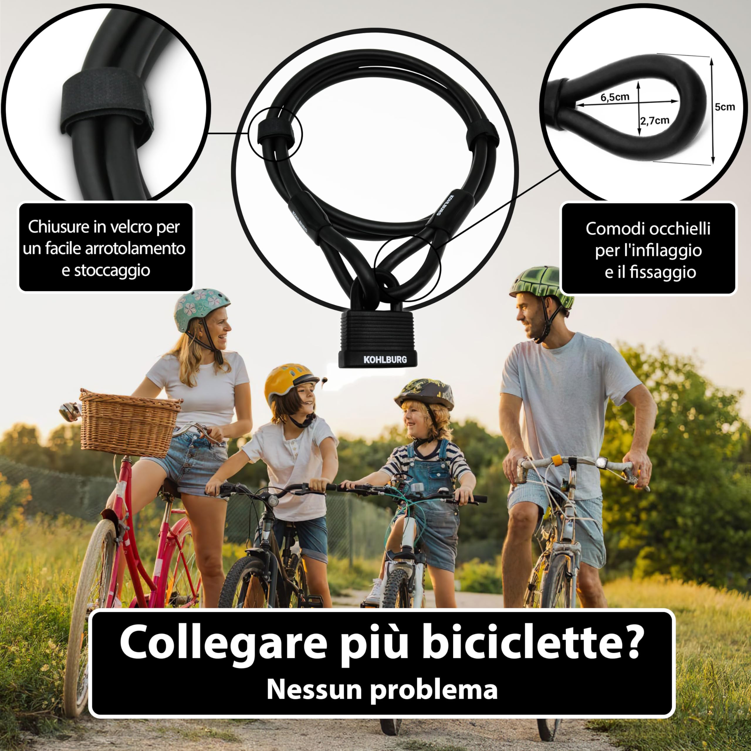 KOHLBURG antifurto bici a cavo acciaio da 2m – lucchetto bici con chiusura a chiave a scatto cavo da 200 cm – per catenaccio bici elettrica, per rimorchio, bicicletta, monopattino e passeggino