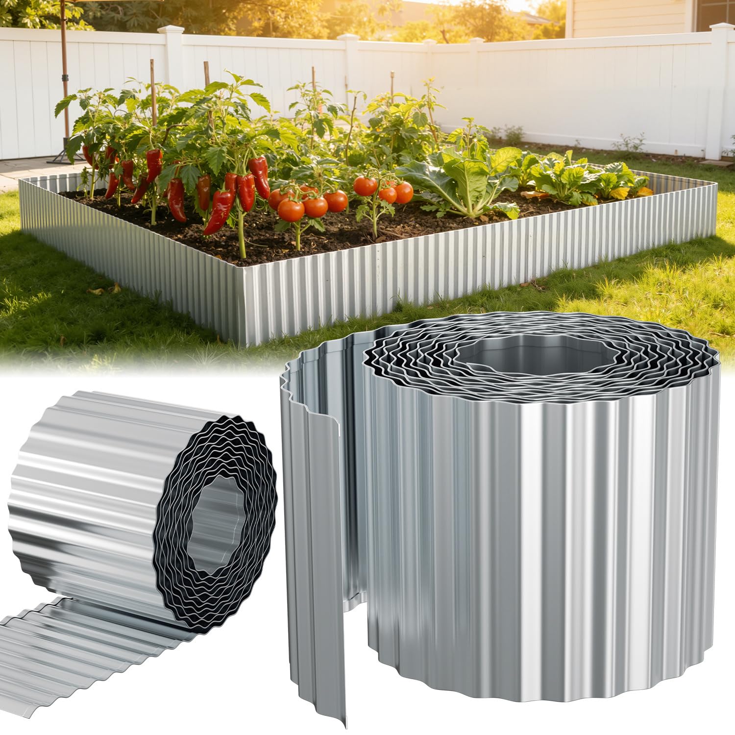 Peviasot Metal Lawn Edging 10M Corrugated Galvanized Steel Garden Edging, Flexible and Bendable, for Lawns, Flower Beds, Paths and Tree Surrounds, Silver