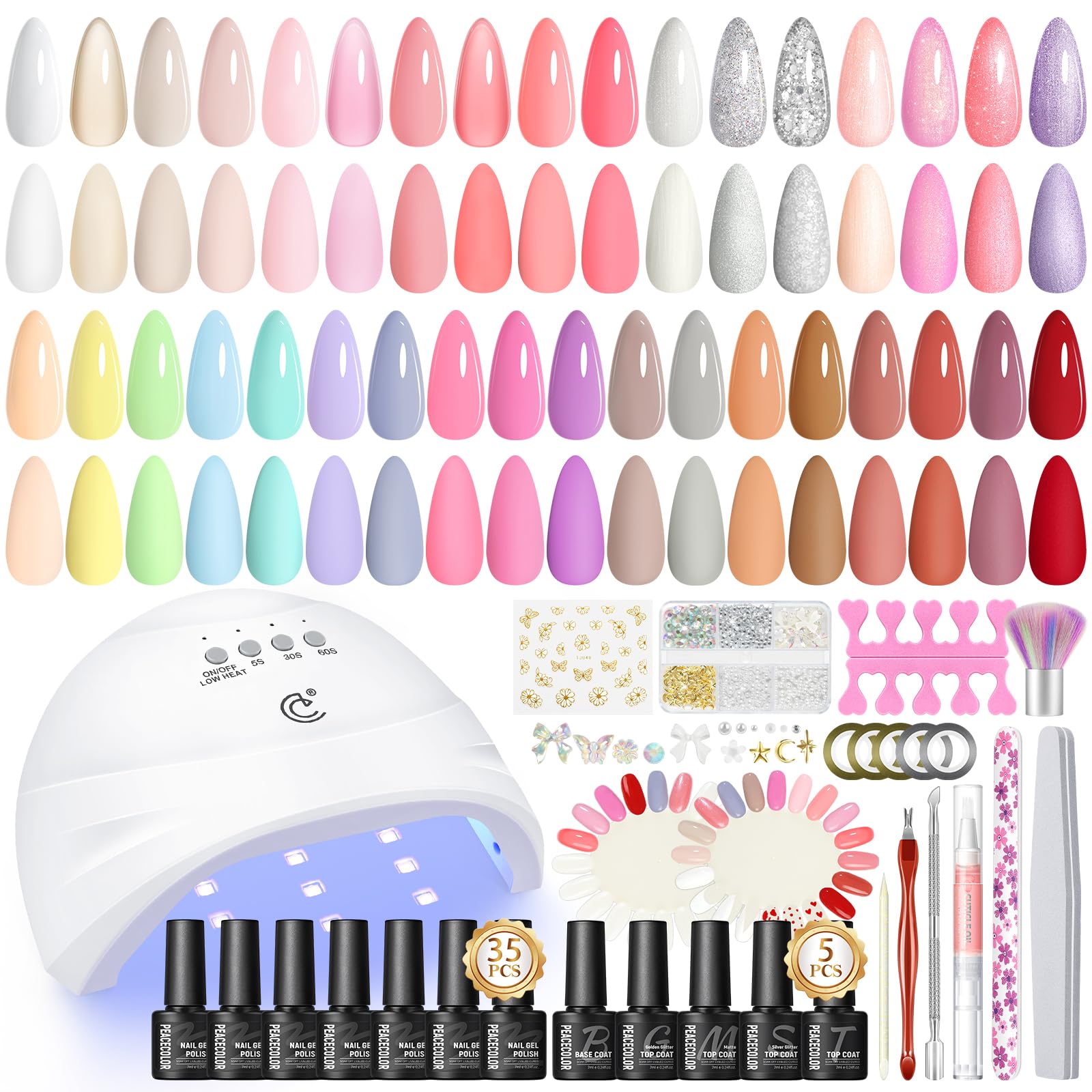 PEACECOLOR 40PCS Kit Uñas Semipermanentes, 35 Colores Kit Manicura Semipermanente con Lampara Uñas, Base y Top Coat Mate Brillo Herramientas de Uñas, Regalos para Mujeres
